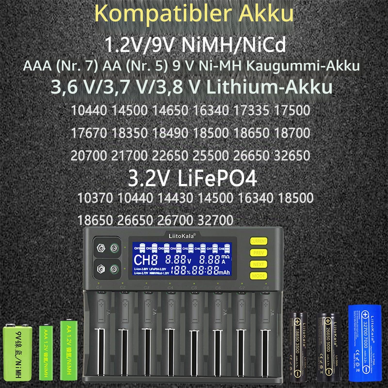 Docooler Liito Kala LII-S8 Intelligentes Ladegerät 8 Steckplätze Automatisch/Manuell LED Kompatibel mit 18650 26650 21700 26700 AA AAA Lithium Ladegerät