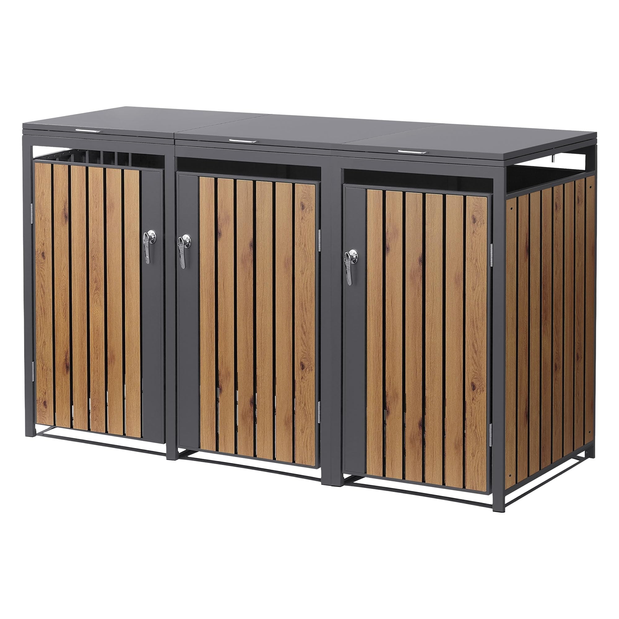 ML-Design Mülltonnenbox 3er 240L, Mülltonnenverkleidung für 3 Mülltonnen, Müllbox wetterfest, Mülltonnenhaus aus Stahl, Müllcontainer mit Deckel, abschließbare Tür, 200x80x120 cm Anthrazit-Holzoptik