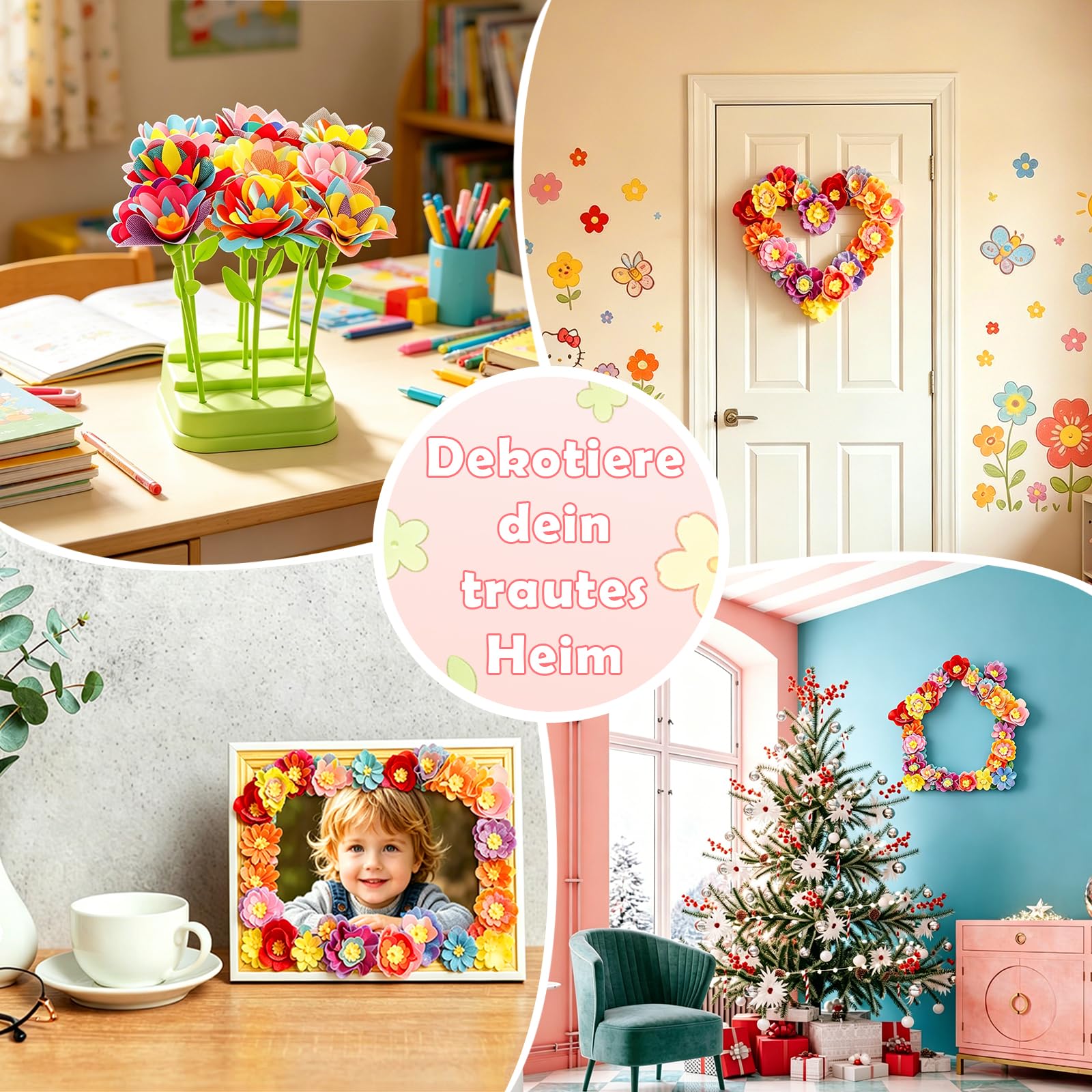DIY Blumen Basteln Kinder, Blumenpresse mit Blumenmaschine, Komplettes Bastelset mit reichlich Zubehör für Mädchen ab 4–12 Jahre, Bastelspielzeug,Geschenk für Geburtstag, Muttertag und Weihnachten