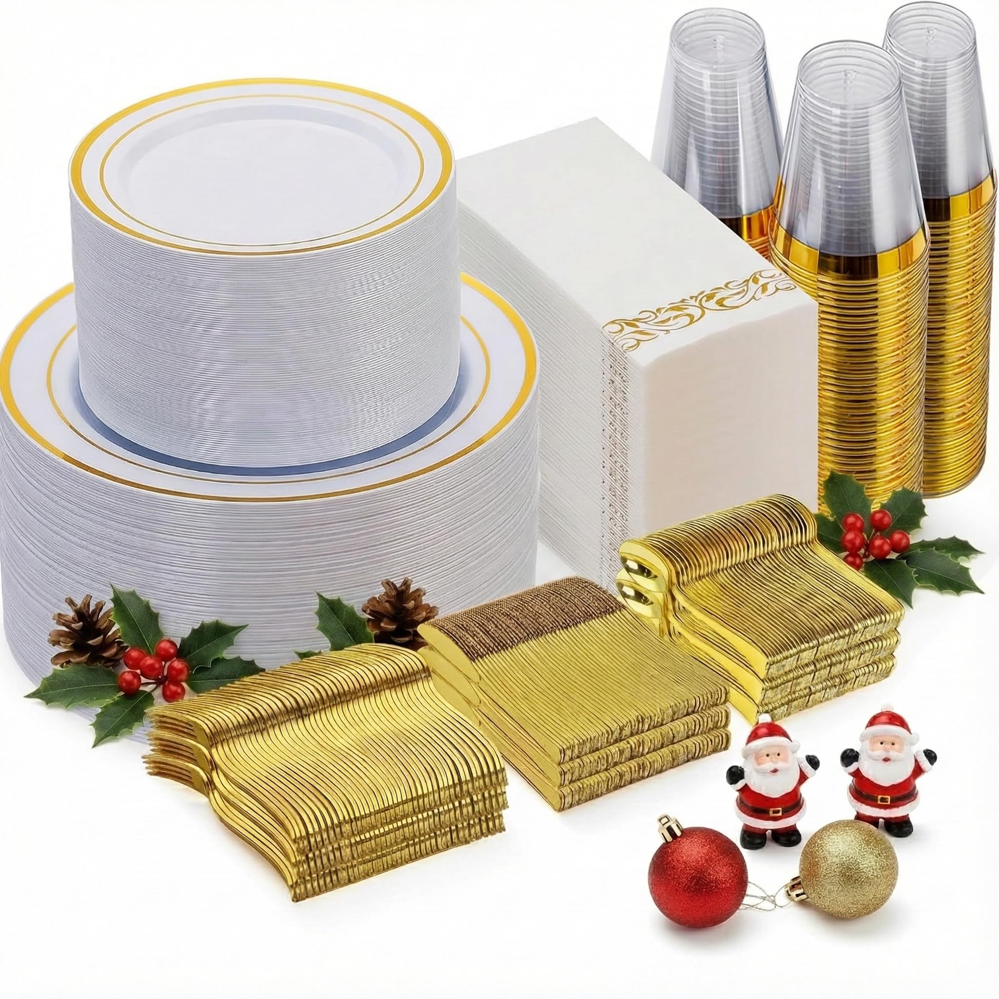Goodluck 700 Piece Gold Dinnerware Set for 100 Guests, Disposable for Party, Include: 100 Gold Rim Dinner Plates, 100 Dessert Plates, 100 Paper Napkins, 100 Cups, 100 Plastic Silverware Set
