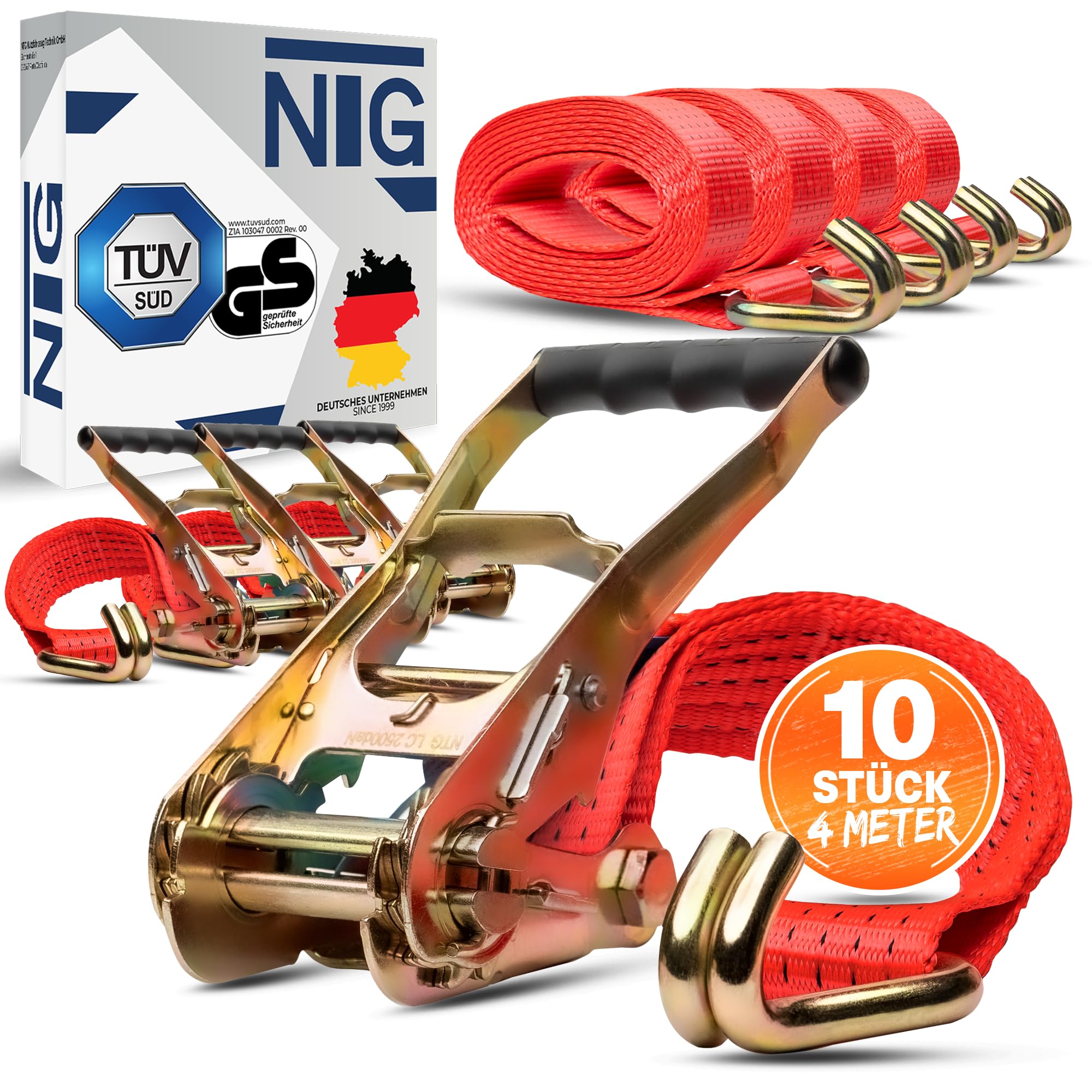 NTG Cinghie di ancoraggio, 4 m, 5 t, 10 pezzi, 2 pezzi, 50 mm, cricchetto e gancio, TÜV/GS | Cinghie di ancoraggio a cricchetto, testate da 2500 a 5000 daN, fissaggio del carico per camion, rimorchi, furgoni