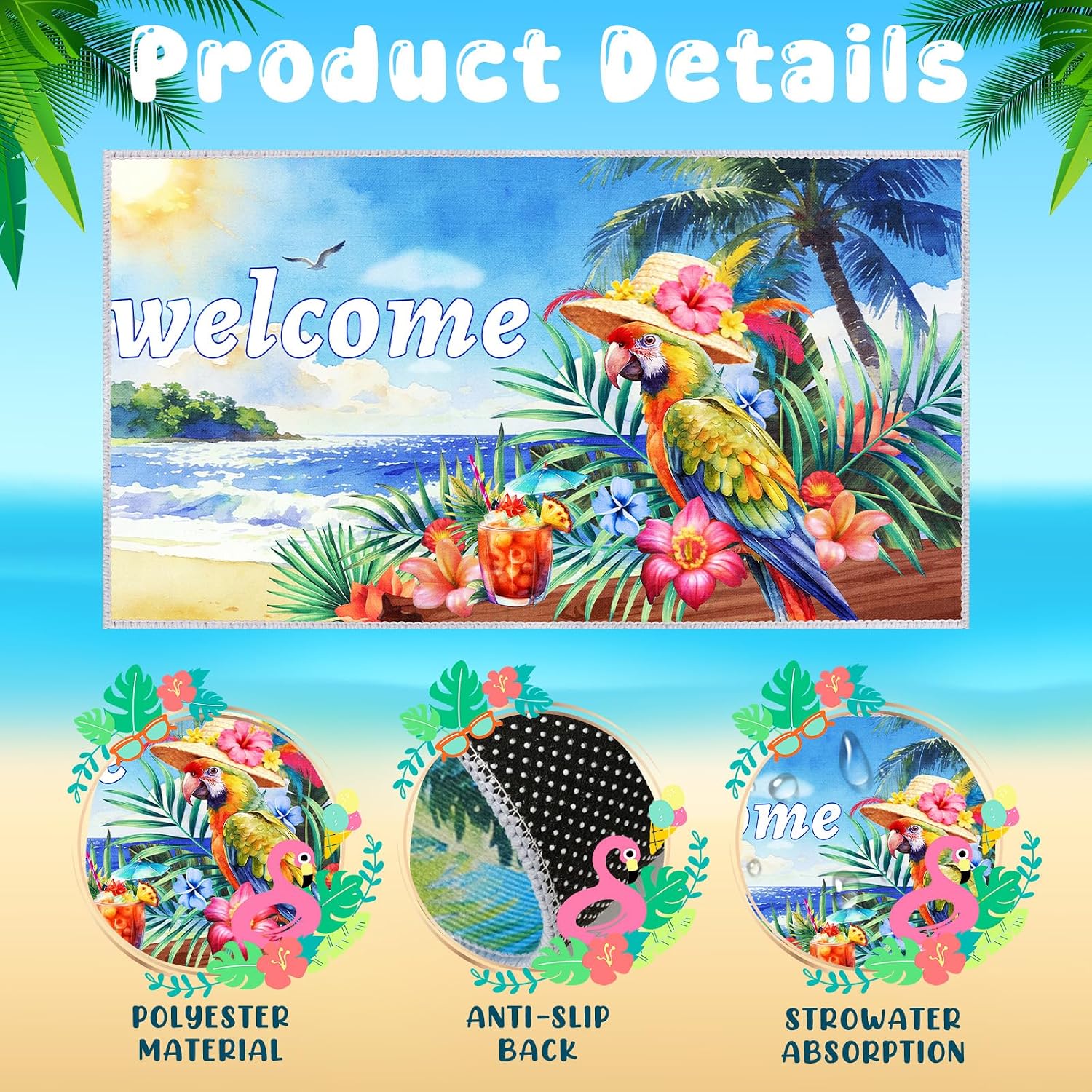 Tropical Outdoor Rug Parrot Decor Margaritaville Party Decorations Beach Backdrop, Hawaiian Doormat Outside Entrance, Colorful Summer Spring Door Mat for Patio Porch (29.9x16.5 Inch)
