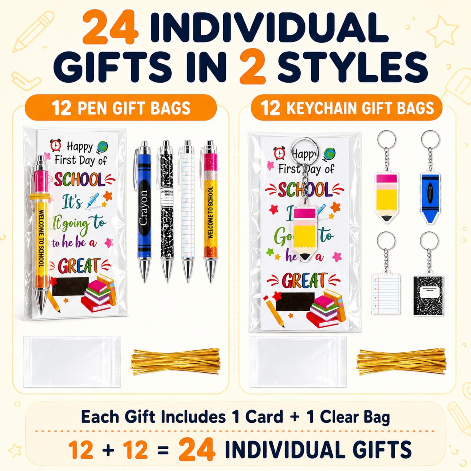 Lot de 72 cadeaux de rentrée scolaire pour étudiants, enseignants, stylos à bille, porte-clés avec cartes de vœux pour le premier jour d'école, récompenses en classe, fournitures de fête