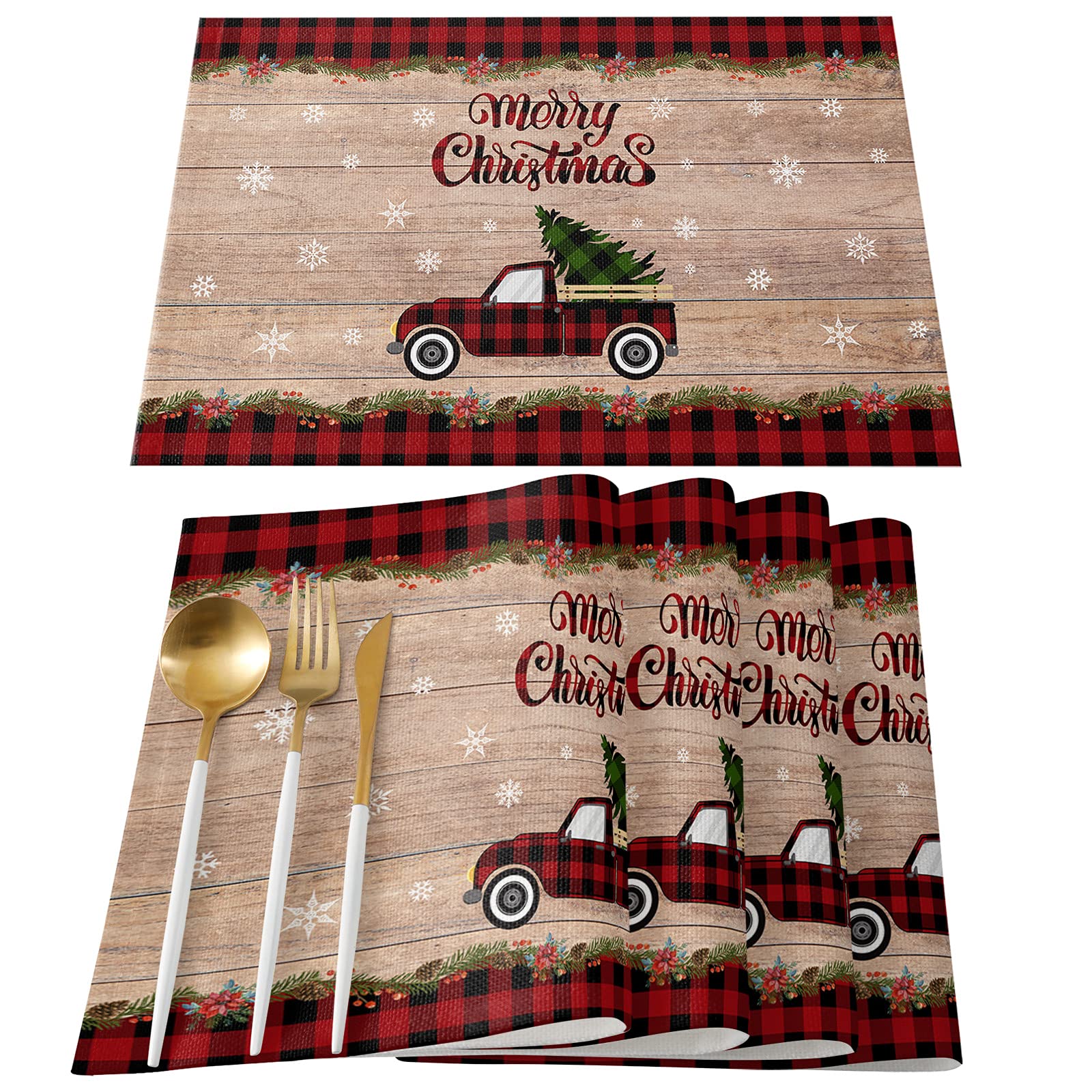 Christmas Tree Farmhouse Placemats Set of 4, Red Buffalo Plaid Truck Cotton Line Stain Resistant Table Mats Washable Holidays Merry Xmas Placemat Decoration For Kitchen Dining Table Merry Xmas