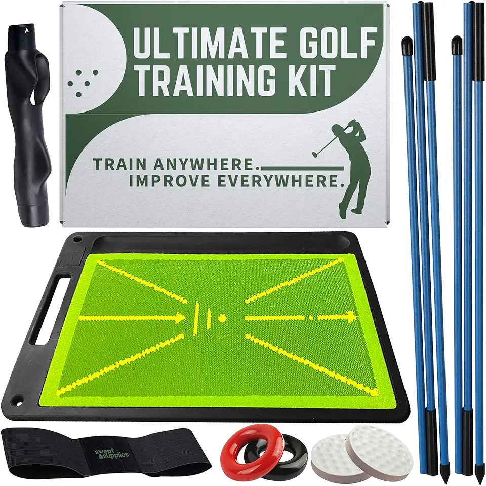 6-in-1 Golf Training Aid w/Divot Board, Golf Grip Trainer, Swing Trainer, Alignment Sticks | Golf Accessories for Men &amp; Women | Hitting Mat Practice Indoor &amp; Outdoor product image