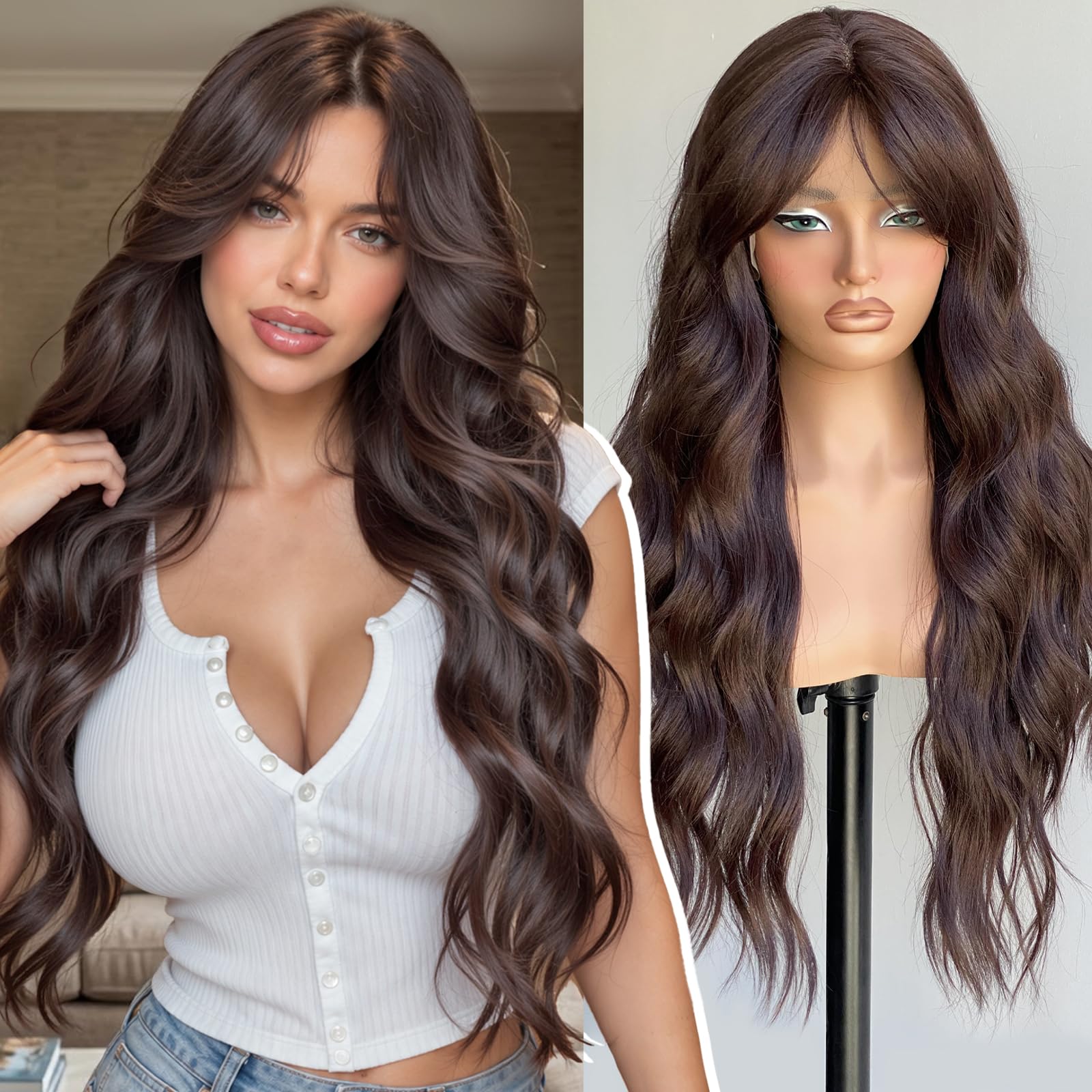 KOME Brown Curly Wavy Synthetic Lace Front Wig With Bangs for Women 28IN Brown(#233)