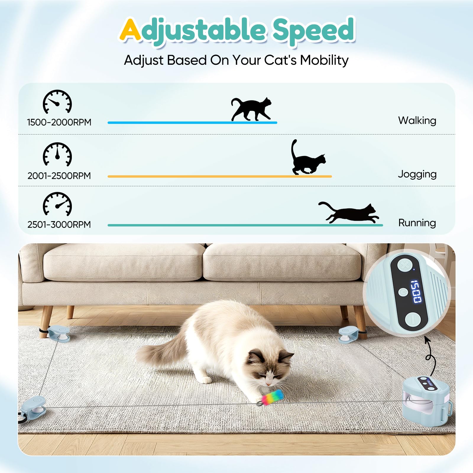 Juguete Interactivo para Gatos de Interior, Juguete de Caza simulado automático/Control Remoto, Juguete para Mascotas Que Consume energía, Velocidad Ajustable(Azul Claro)