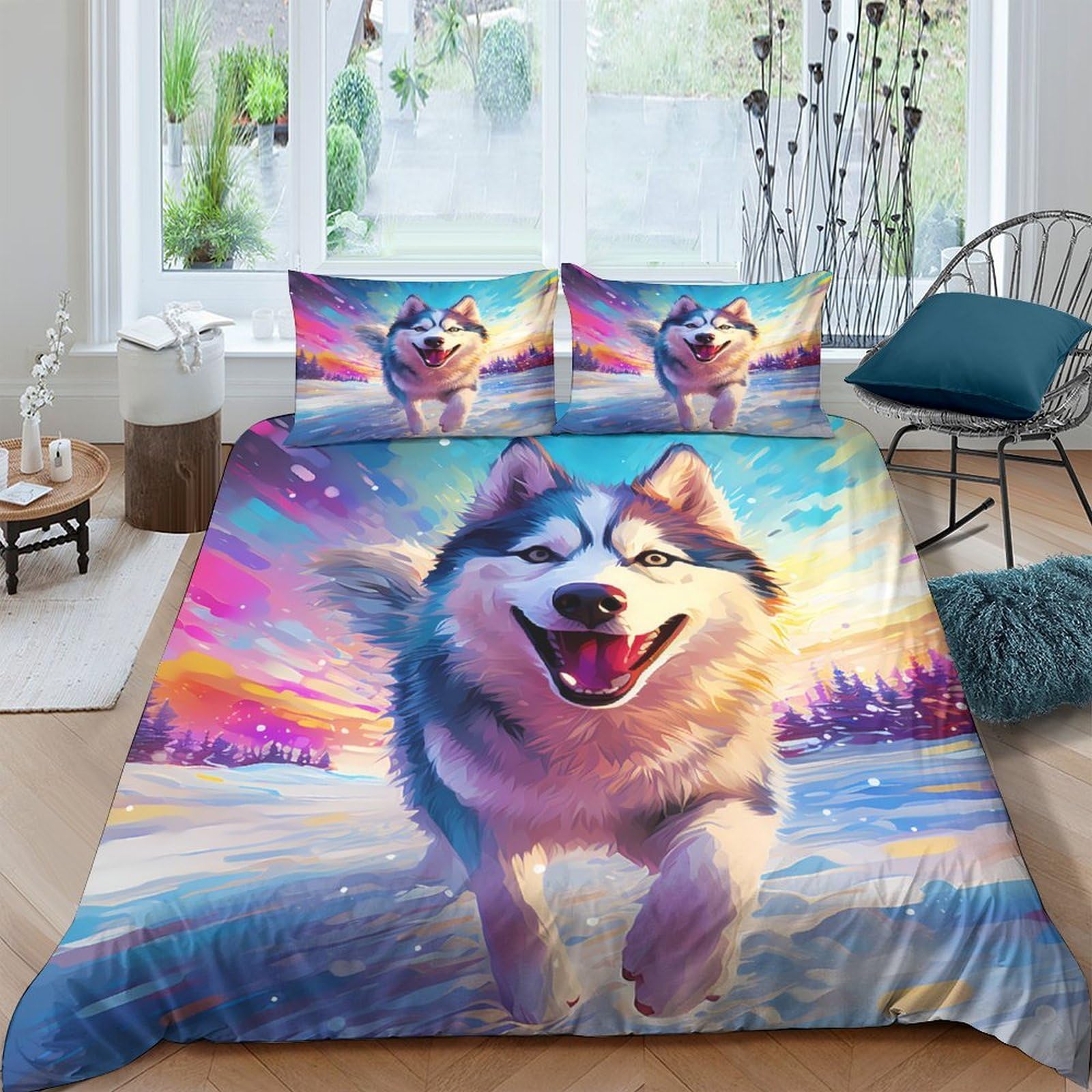 TUFRTGYHN 3D Printed Husky Dog Duvet Cover Microfiber Soft Breathable Sunset Landscape Bedding Set with 2 Pillowcases for Bedroom Decor, Single（135x200cm）