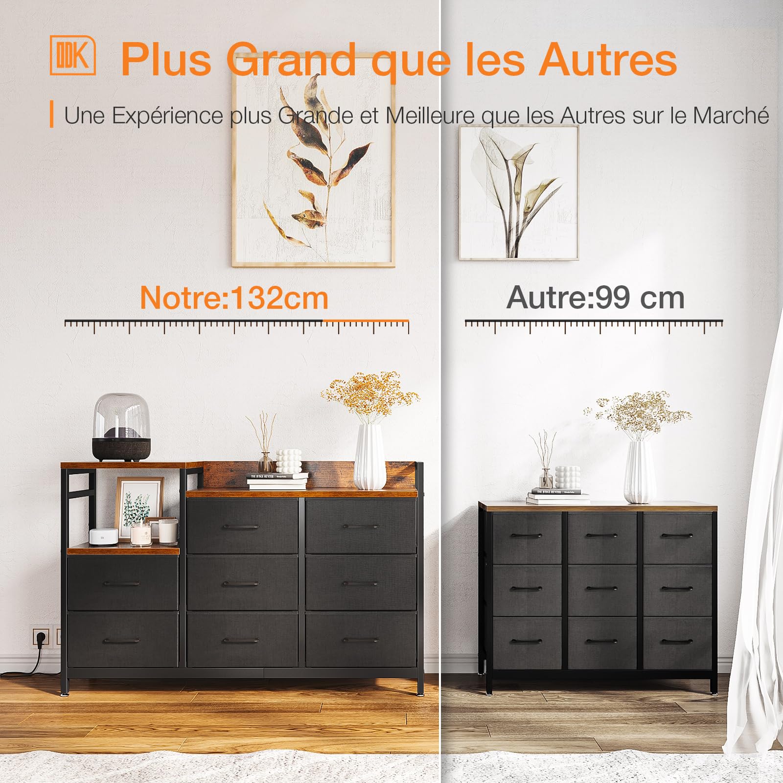 ODK Commode Chambre, 2 Ports USB et 2 Ports AC, Armoire à tiroirs multifonctionnelle pour Chambre et Salon - Buffet Stable et résistant, 132 * 30 * 88 cm, Vintage et Noir