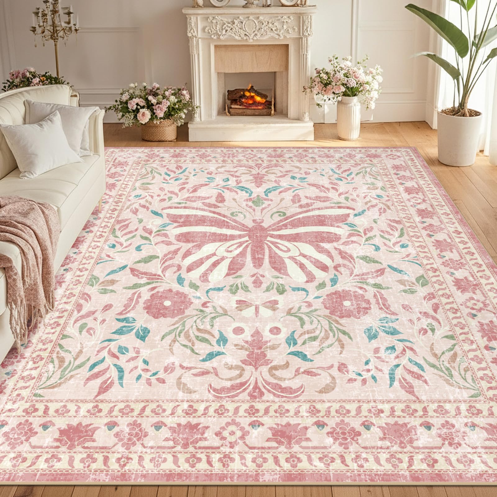 TUKDAK Butterfly Rugs Living Room 240x300cm, Non-Slip Washable Area Rugs for Bedroom, Soft Low Pile Carpet for Living Room, Floor Carpet for Office Dining Room Kitchen Nursery Bedside