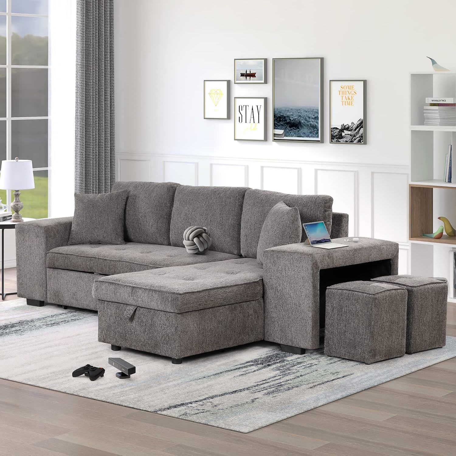 Reversible Sectional Sofa Couch Set, Linen Fabric