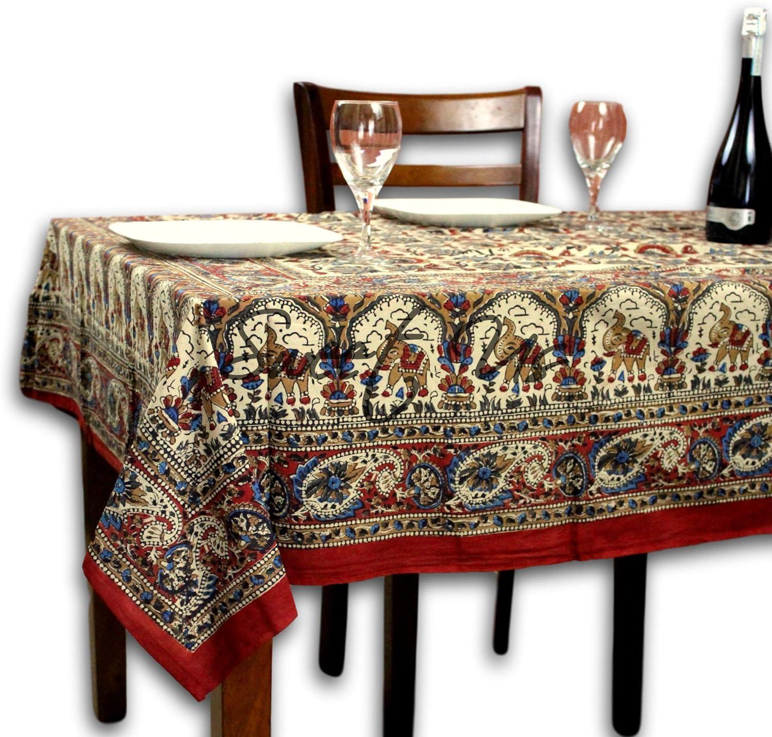 Sweet Us Block Print Tablecloth for Rectangle Tables 86x102 Beige Gold Red Olive Green Black Floral Paisley Elephant Cotton Kitchen, Dining Linen