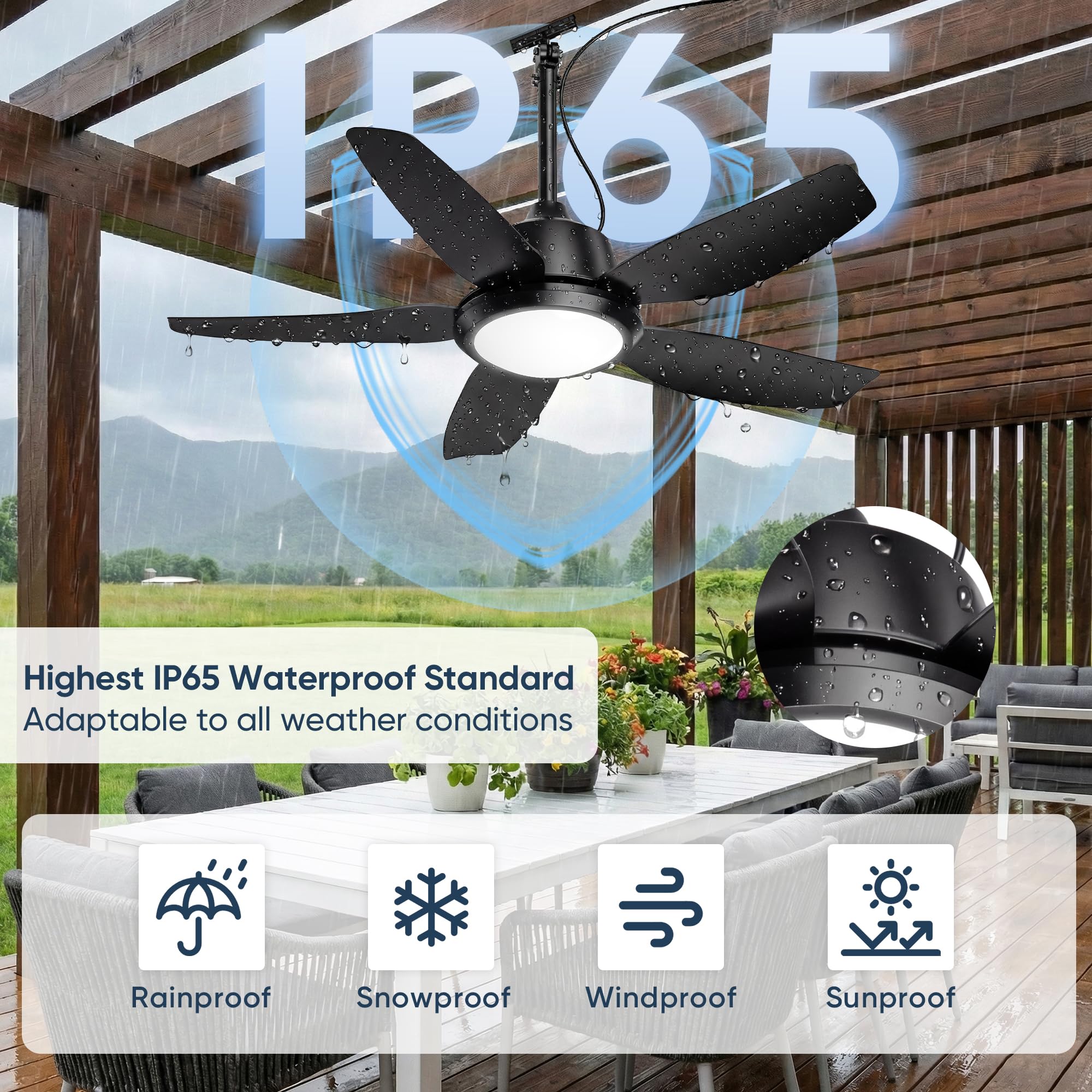 Ventilador de Techo Exterior de 106,7 cm con Luces, Resistente al Agua IP65, Control APP y Remoto, LED 3CCT Regulable, Motor DC Silencioso de 6 Velocidades, Ventilador Colgante para Gazebo, Enchufe