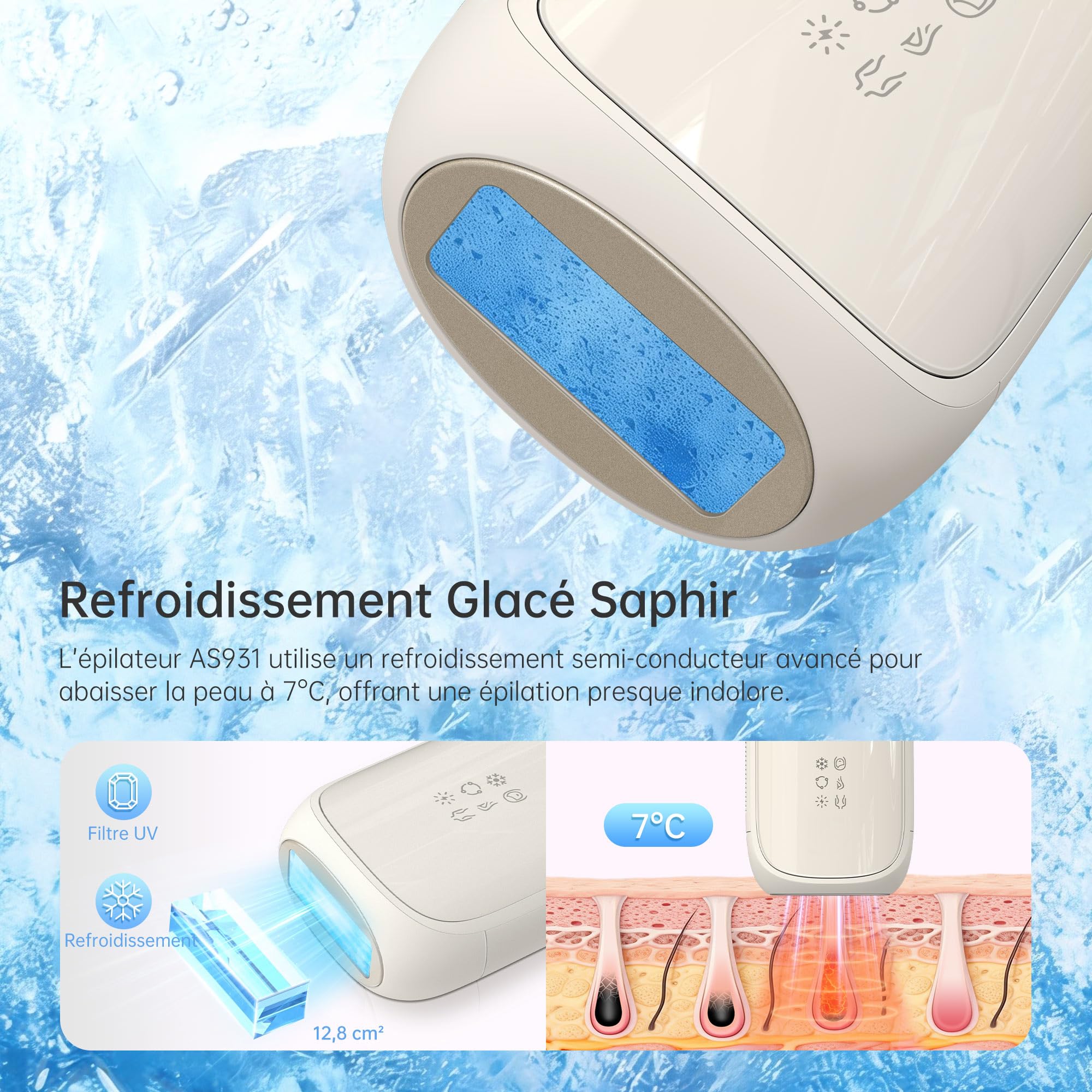 Epilateur Lumiere Pulsee avec Fonction de Saphir-Refroidissement : 22,6J Lumiere Pulsee Epilateur avec 3 Modes, Épilateur Lumière Pulsée pour Femmes et Hommes, Visage, Aisselles, Tout le Corps