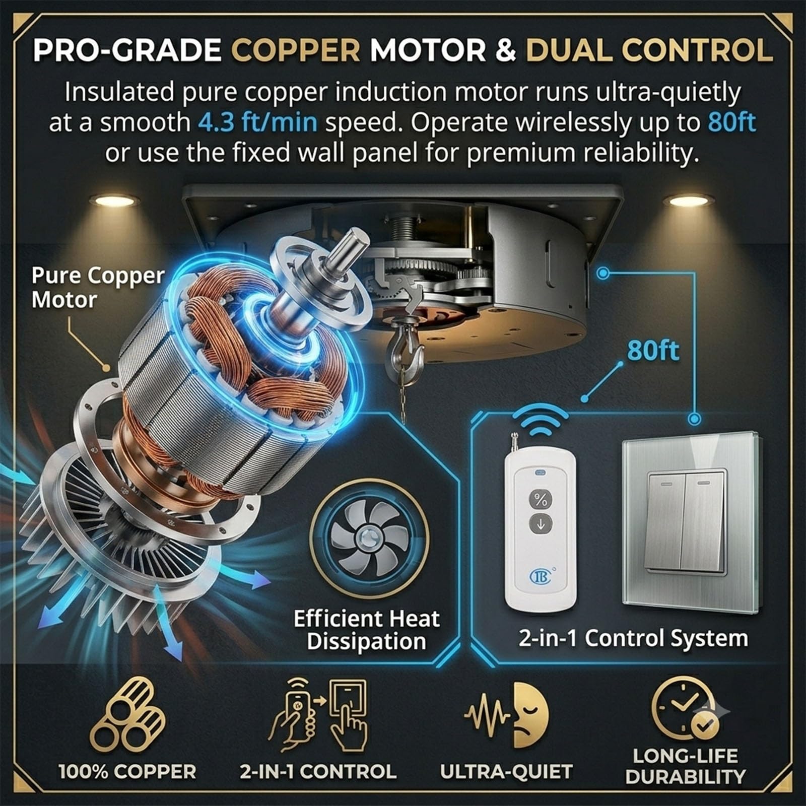 Treuil Eléctrico para Lámpara de Techo 100kg, Sistema de Elevación Motorizado 5m con Parada Automática Anticaídas, Elevador Profesional para Hogar y Hotel(330LBS-6M)