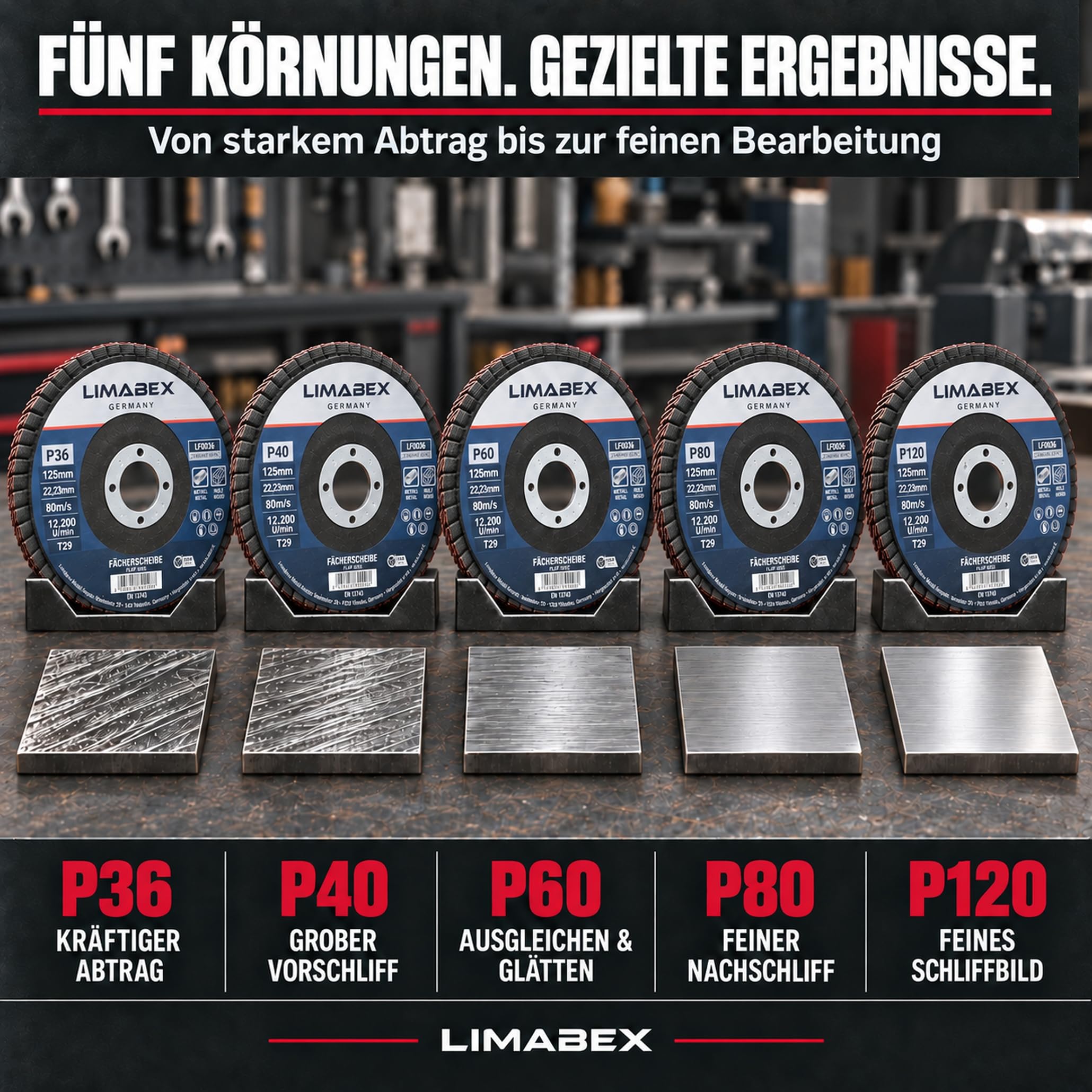 50x Fächerscheiben 125 Holz Korn 120 Metall 22,23 mm Winkelschleifer