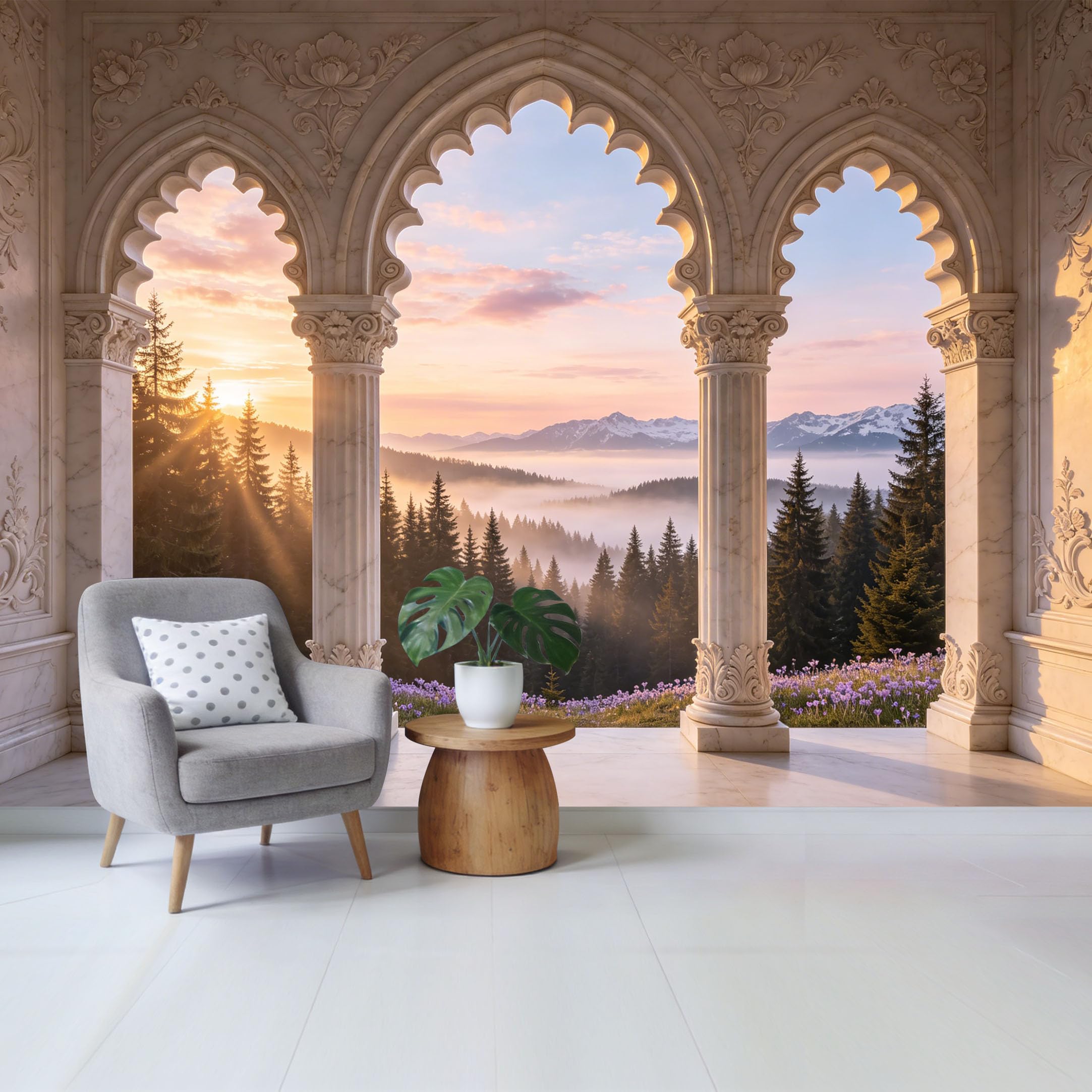 Removable Self Adhesive Fabric Mural， Neoclassical Marble Arch Mountain Forest Sunset Custom Size Wall Covering， UV Protected Waterproof Washable Wall Decor for Living Room Bedroom Bathroom