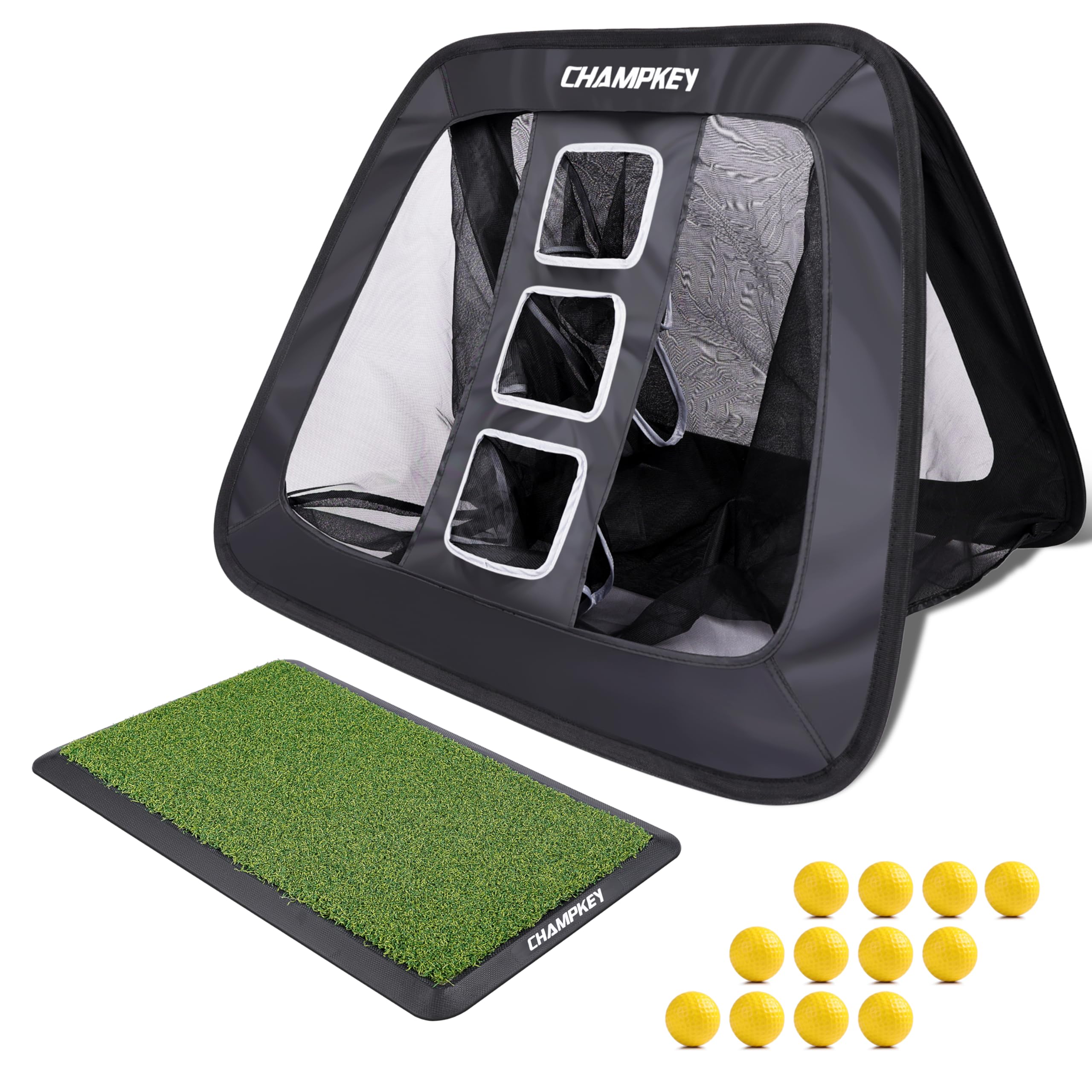 CHAMPKEY Double Sided Golf Chipping Net with Golf Hitting Mat | Come with 12 Foam Golf Balls | 5 Ply-Knotless Netting Chipping Net and Heavy Duty Rubber Backing Hitting Mat Ideal for Training