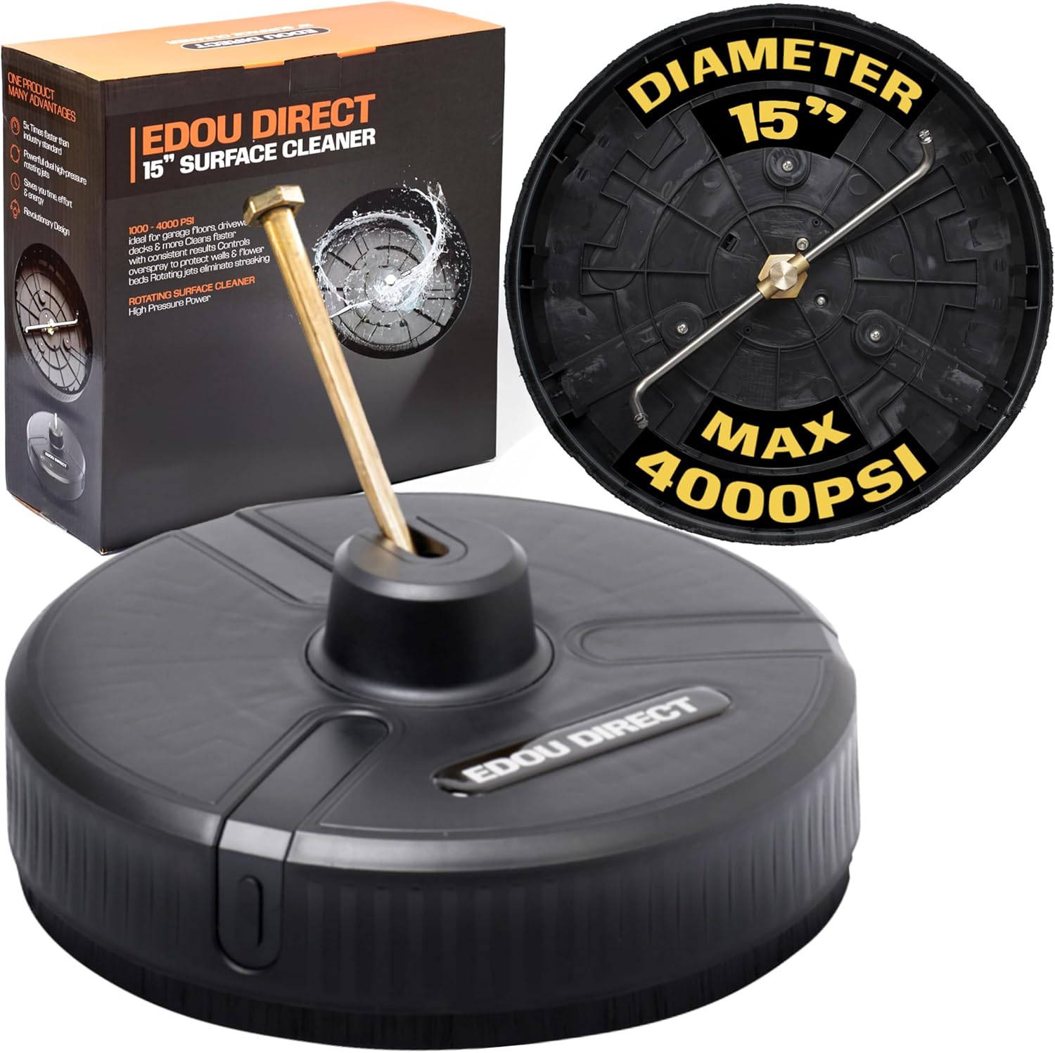 Edou Direct Pressure Washer Surface Cleaner - Heavy-Duty Plastic - 15'' - Black - Dual Spinning Nozzles for Fast Cleaning - Compatible with Most Electric Pressure Washers - 1/4 Inch Quick-Connect Composite (New Design)