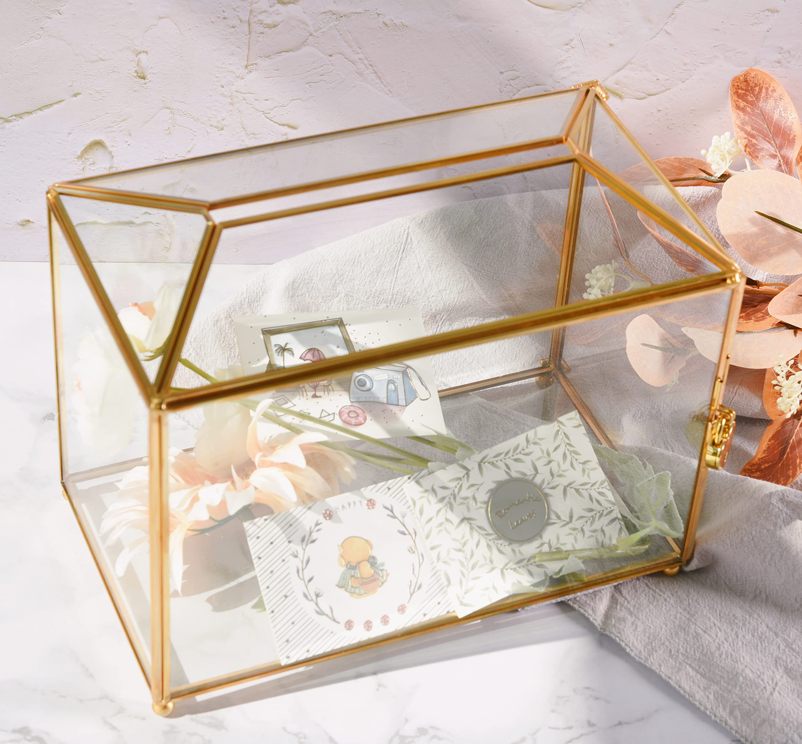 Gold Wedding Glass Card Box – 10.6 inch Large Wedding Card Holder Handmade Gold Glass Terrarium with Slot and Heart Lock, 10.6x5.9x8.3 Inches