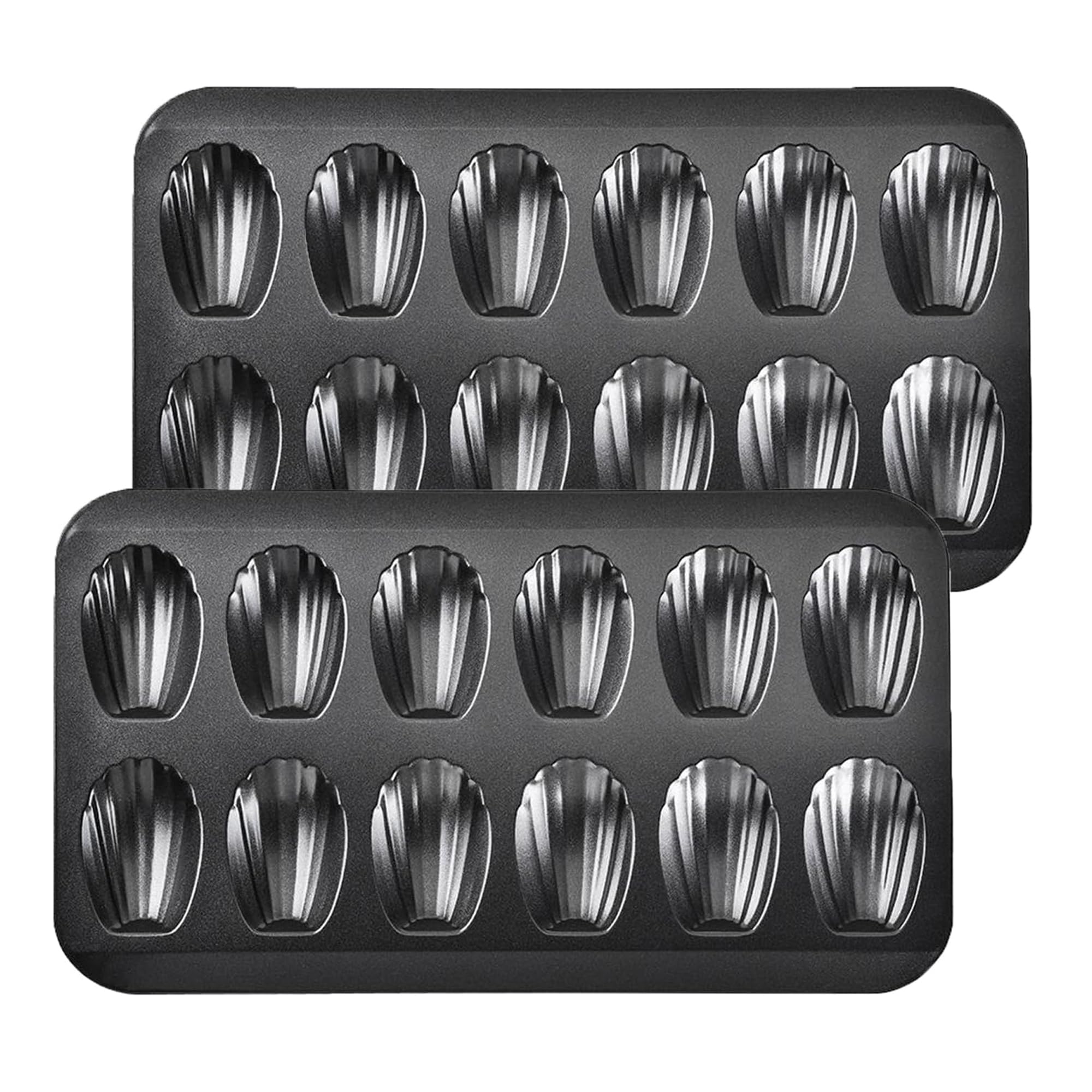 Myyaowl 2 Pack Madeleine Pans,12-Cavity Nonstick Shell Cake Molds for Baking, Heavy Duty Carbon Steel Madeleines Tray, Warp-Resistant Oven Bakeware, Black