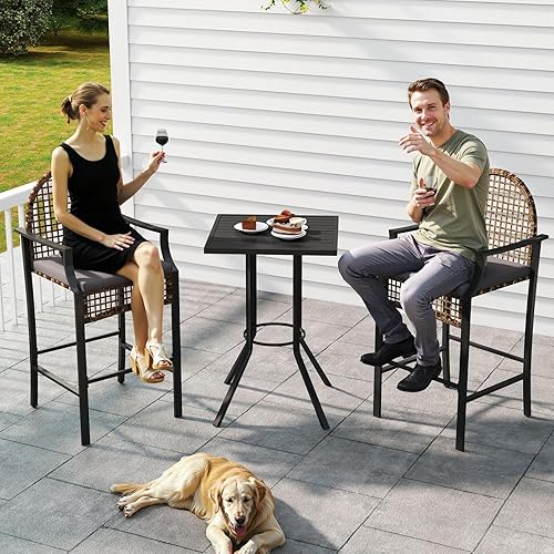 Miniatura 7 de Juego de taburete alto para exteriores con 2 sillas de bar, juegos de mesa de bar de patio de 3 piezas, juego de bar de mimbre para exteriores,