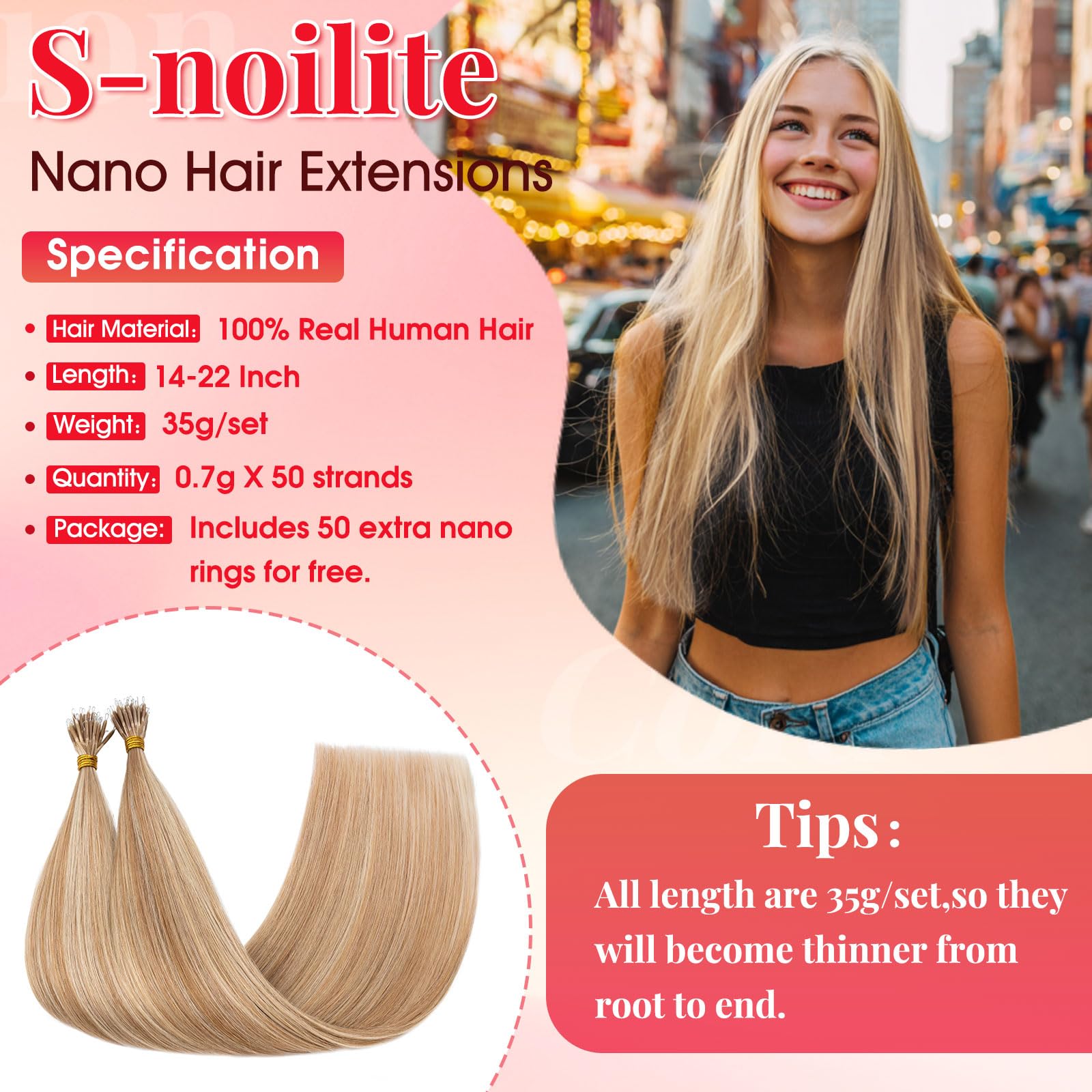 S-noilite Nano Hair Extensions Real Human Hair Golden Brown/Bleach Blonde - Image 2