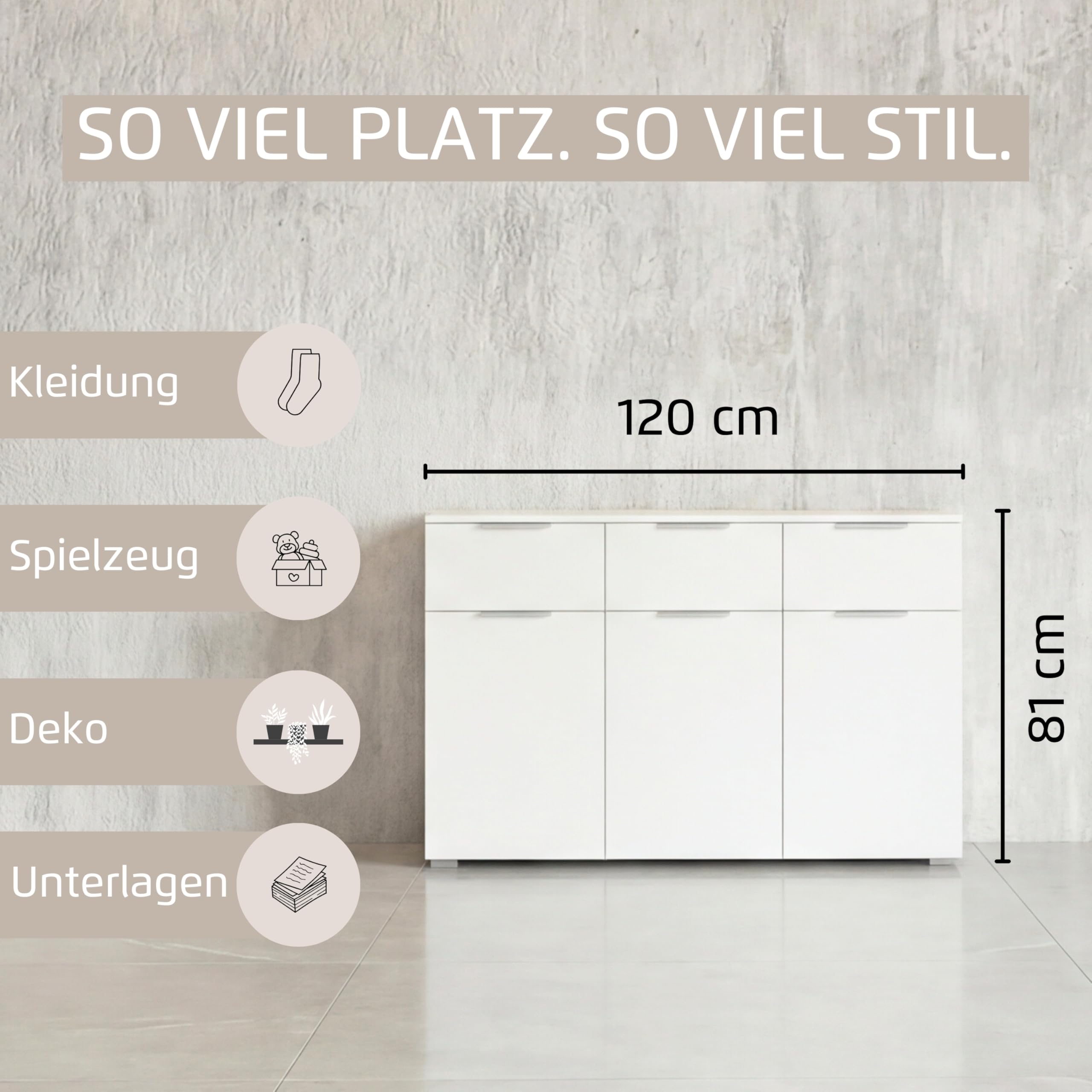 Rauch Möbel Alabama, Kommode für Schlafzimmer, Kinderzimmer, Garderobe, Flur, 3-türig, mit 3 Schubladen, Soft-Close-Funktion, Farbe Grau metallic, Schwarz, Maße 120x81x42cm | Sideboard 3-türig, 3 Schubladen, Soft-Close-Funktion, Griff Grau metallic, für S