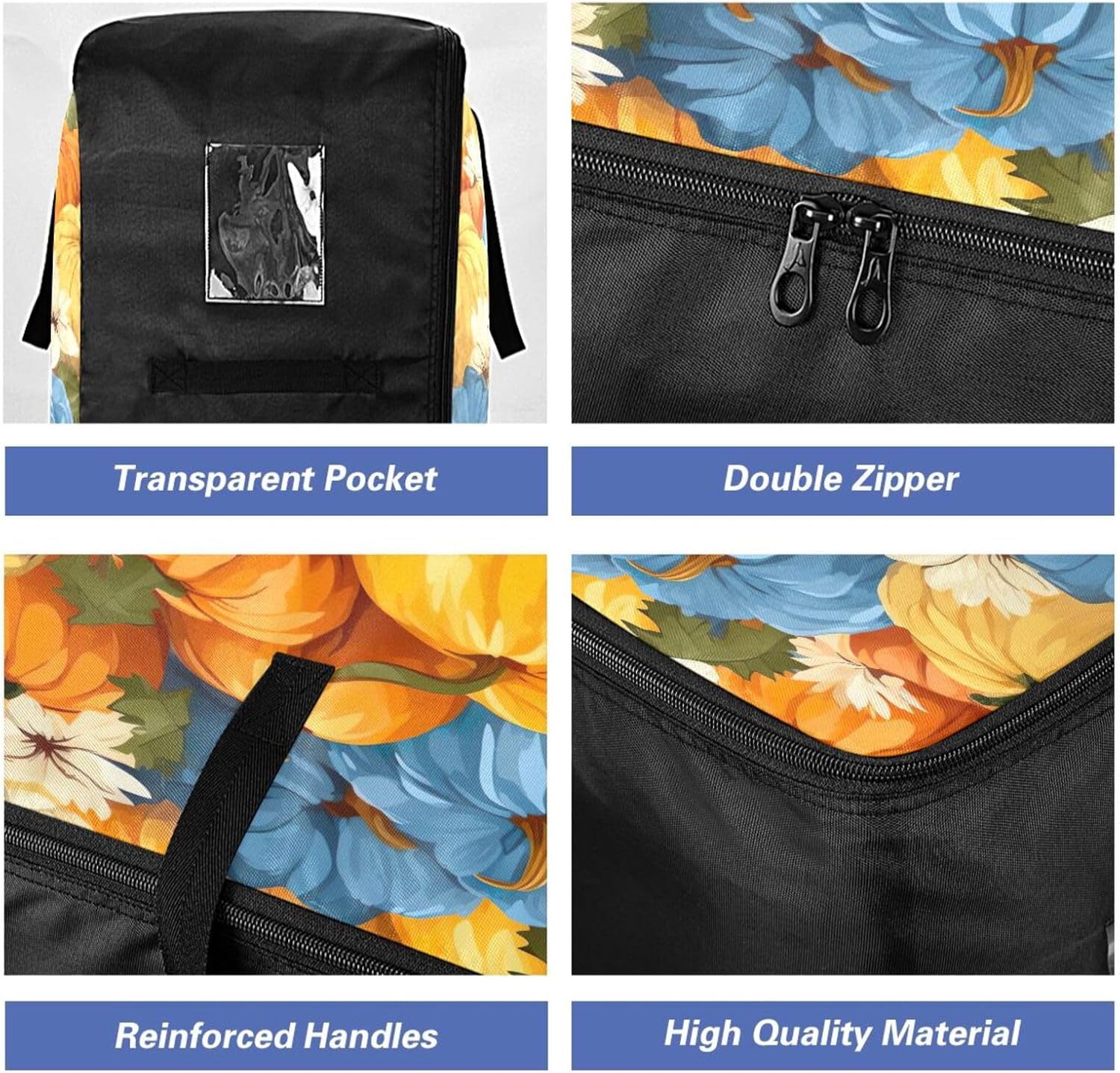 Under Bed Clothes Storage Bag - Fall Pumpkins Blue White Blanket Large Bedding Storage Bags with Zipper Comforter Storage Bags 27.6x19.7x11inch