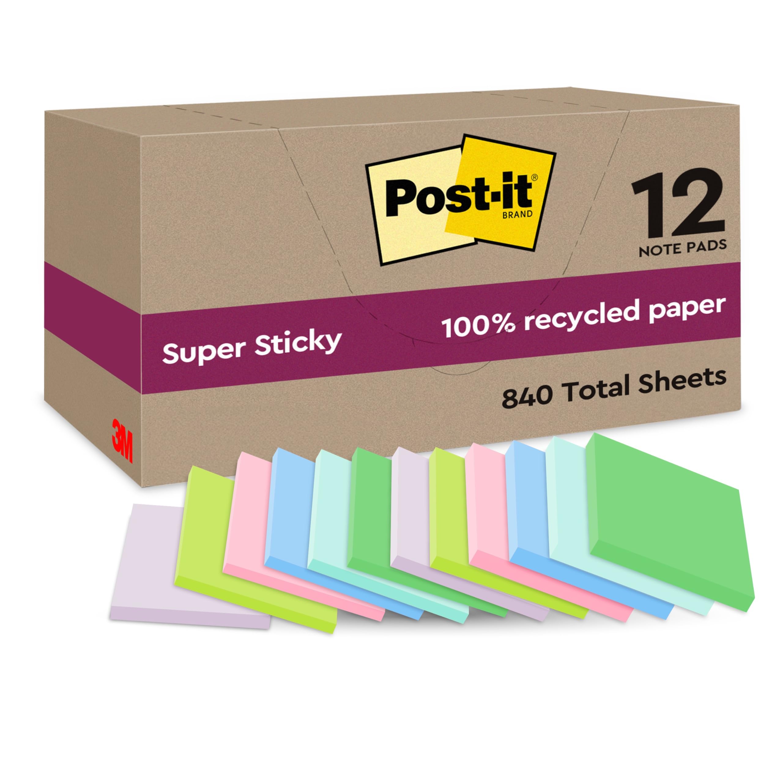 Super Sticky 100% Recycled Notes, Pack of 12 Pads, 70 Sheets per Pad, 47.6 mm x 47.6 mm, Pink, Green, Blue, Purple, Yellow - Extra Sticky Notes Made from 100% Recycled Paper