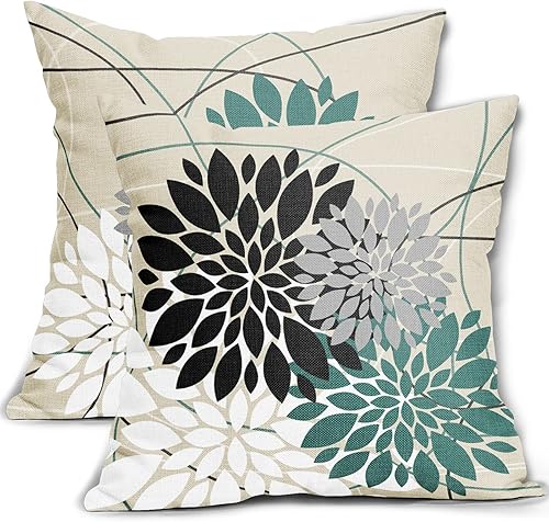 Juego de 2 fundas de almohada de color negro y verde azulado de 18 x 18 pulgadas, diseño de flores de dalia, color blanco y gris, decoración al aire