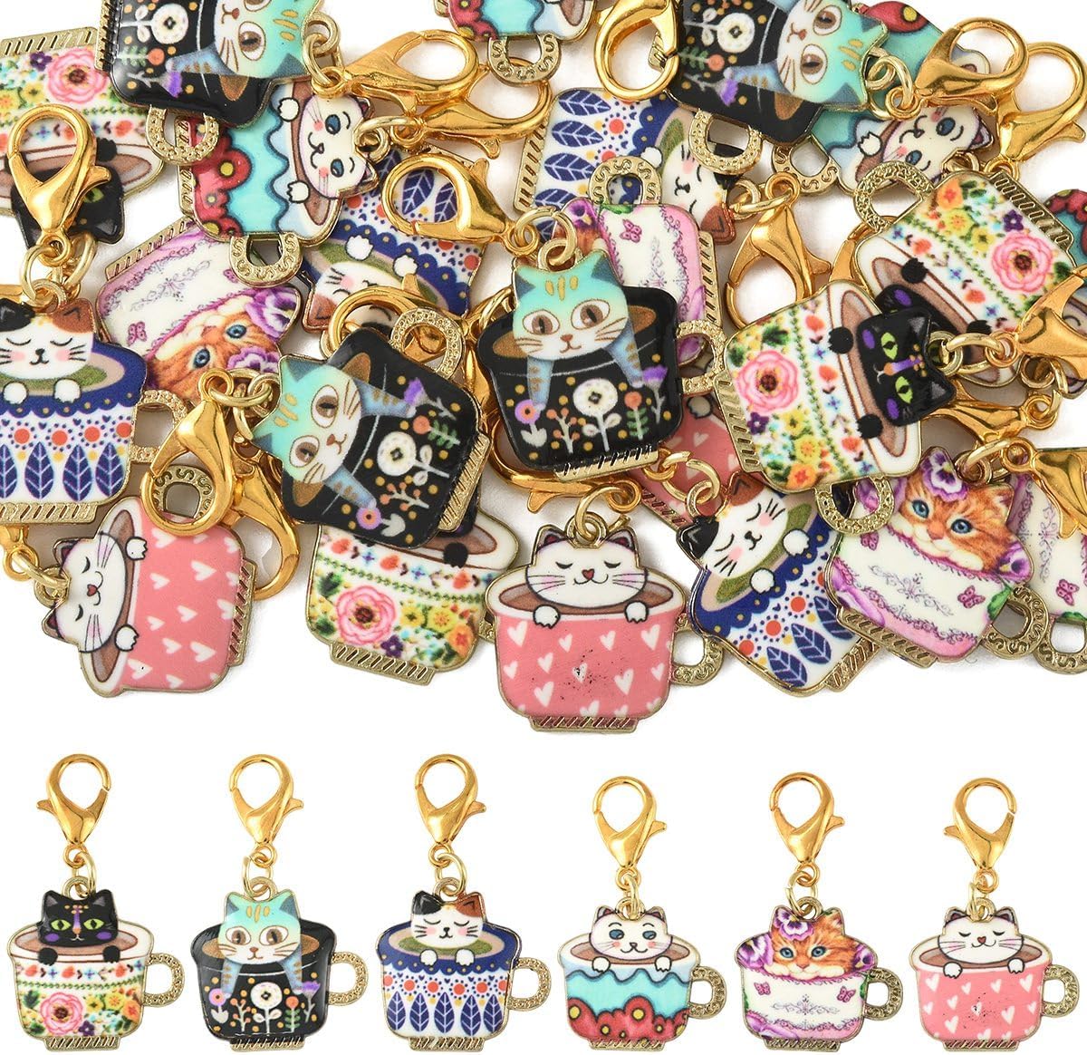 Cat in Cup Enamel Charms with Lobster Clasps, 24 Pieces, 6 Styles Printed Alloy Pendants for Backpack Bag DIY Craft