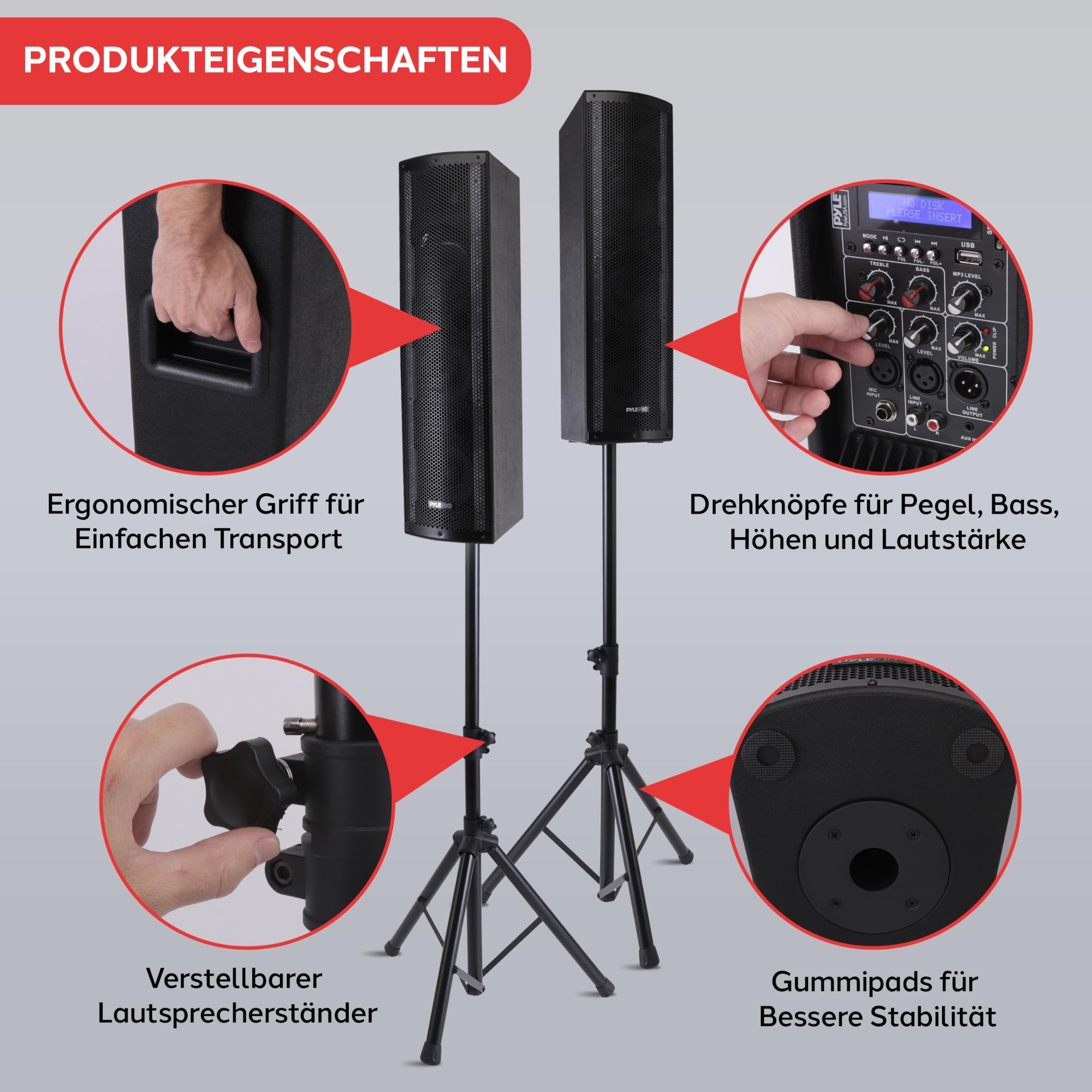Pyle Tragbares Bluetooth PA-Lautsprechersystem, 3-Wege Aktiver & Passiver Outdoor Bluetooth Lautsprecher Tragbares PA-System mit Mikrofoneingang, Partylichter, FM-Radio -Stativ, Fernbedienung, Schwarz