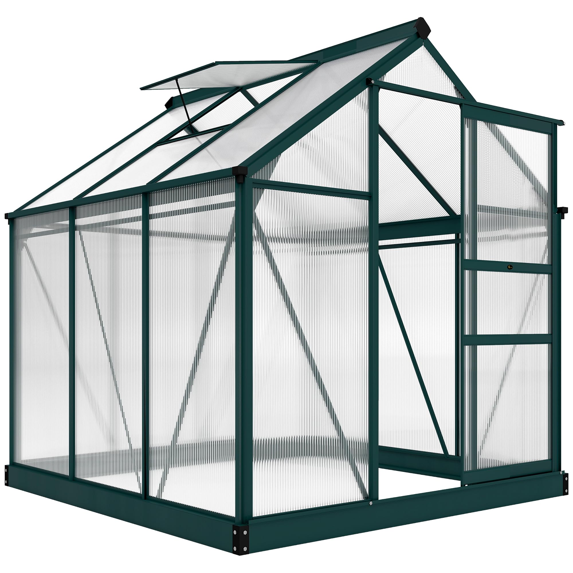 Outsunny Invernadero de Jardín 2x2 m Policarbonato y Aluminio Vivero Casero con Tragaluz Protección UV30 y Base 3,65 m² para Macetas Cultivo Plantas Flores Transparente