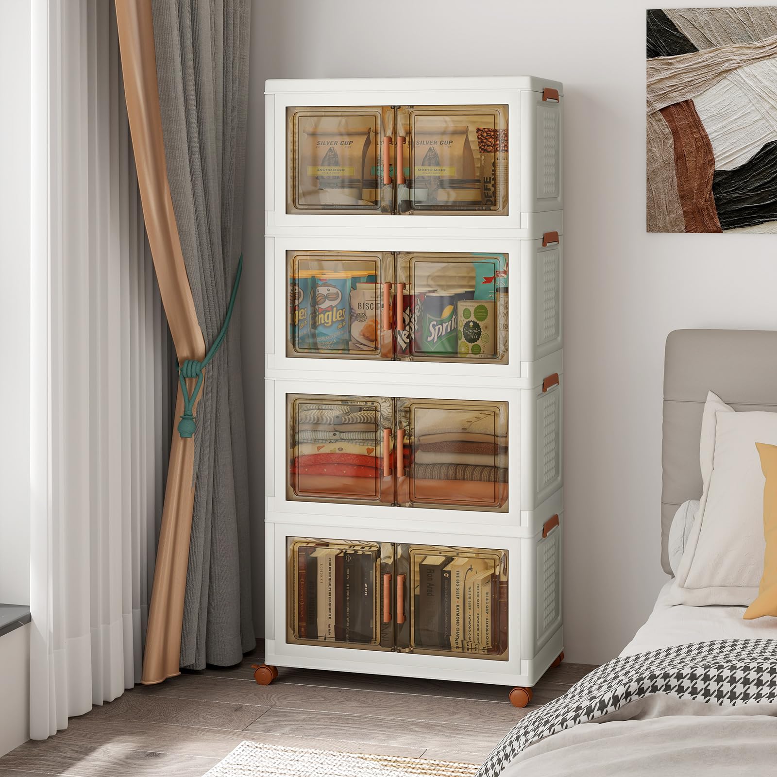 GIANTEX Contenitore di Archiviazione in Plastica, Organizzatore Impilabile con Coperchi e Porte, 4 Ruote, Scatole Organizzatore Pieghevoli per Soggiorno, Camera da Letto (62,5 x 34,5 x 130,5 cm)