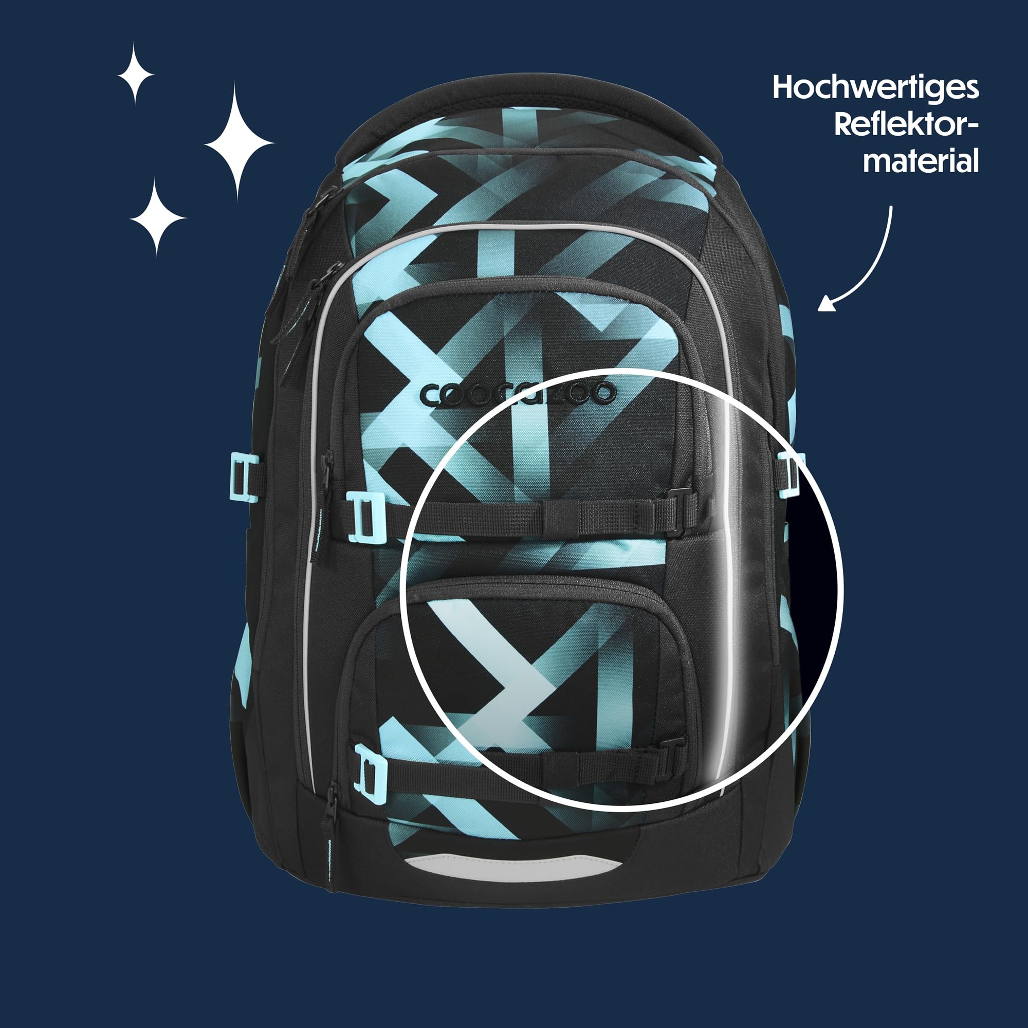 Coocazoo PORTER Schulrucksack „Laser Lights”, schwarz-türkis, ergonomischer & anpassbarer Tornister, höhen- & größenverstellbar, mit Brustgurt & Hüftgurt, ab der 3. Klasse