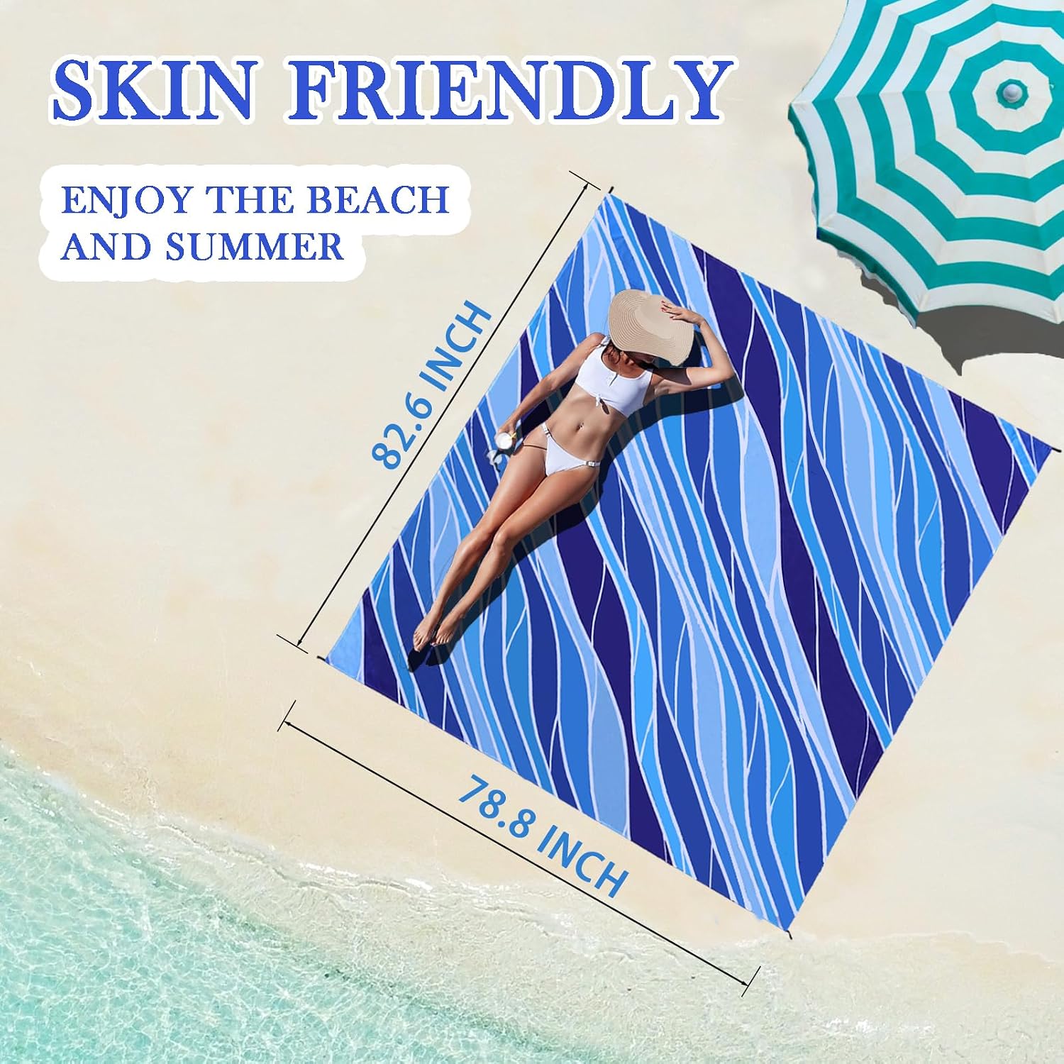 Beach Blanket Waterproof Sandproof 79" x 82"Beach Mat for 4-7 Adults Large with 4 Pocket and Stakes Sand Blanket for Large Picnic Mat Travel Camping