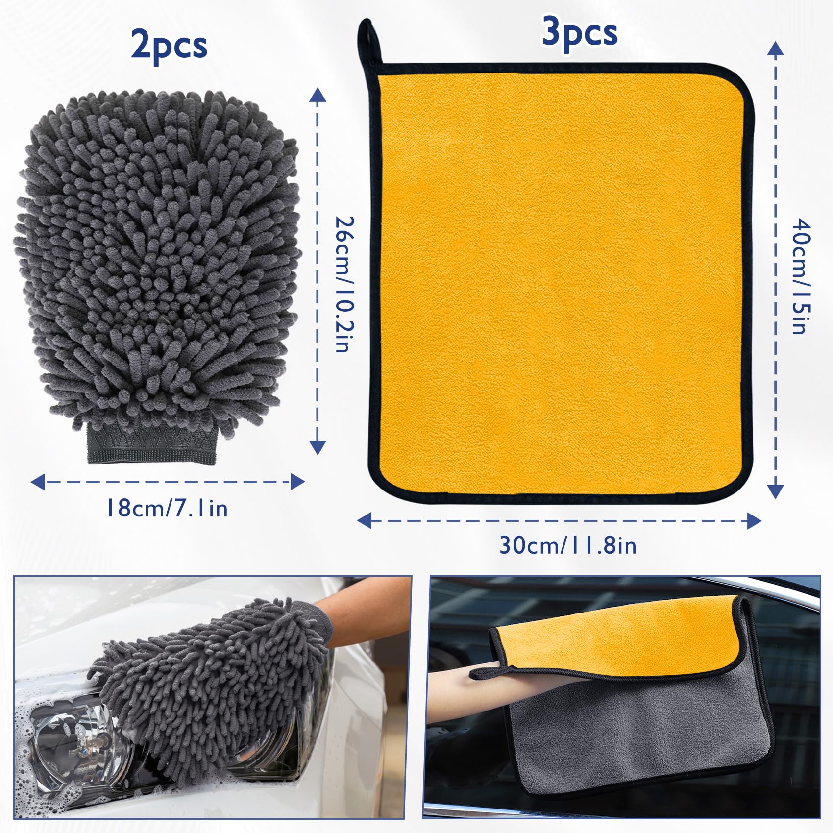 KALBIGRO Juego de 3 Piezas Bayeta Microfibra & 2 Piezas Manoplas de Secado Lavado, 600 g/m² Toalla Secado Coche para Secar Sin Arañazos y Pulir (40 x 30 cm) - 2