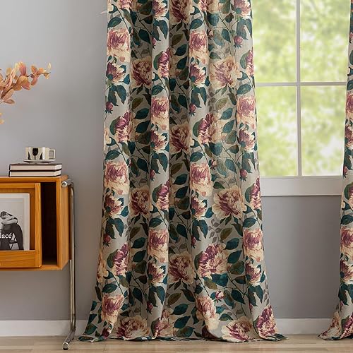 Miniatura 5 de ALIGOGO Cortinas botánicas estampadas de 96 pulgadas de largo, dos páginas de los años 70, cortinas florales para comedor, cortinas de lino retro