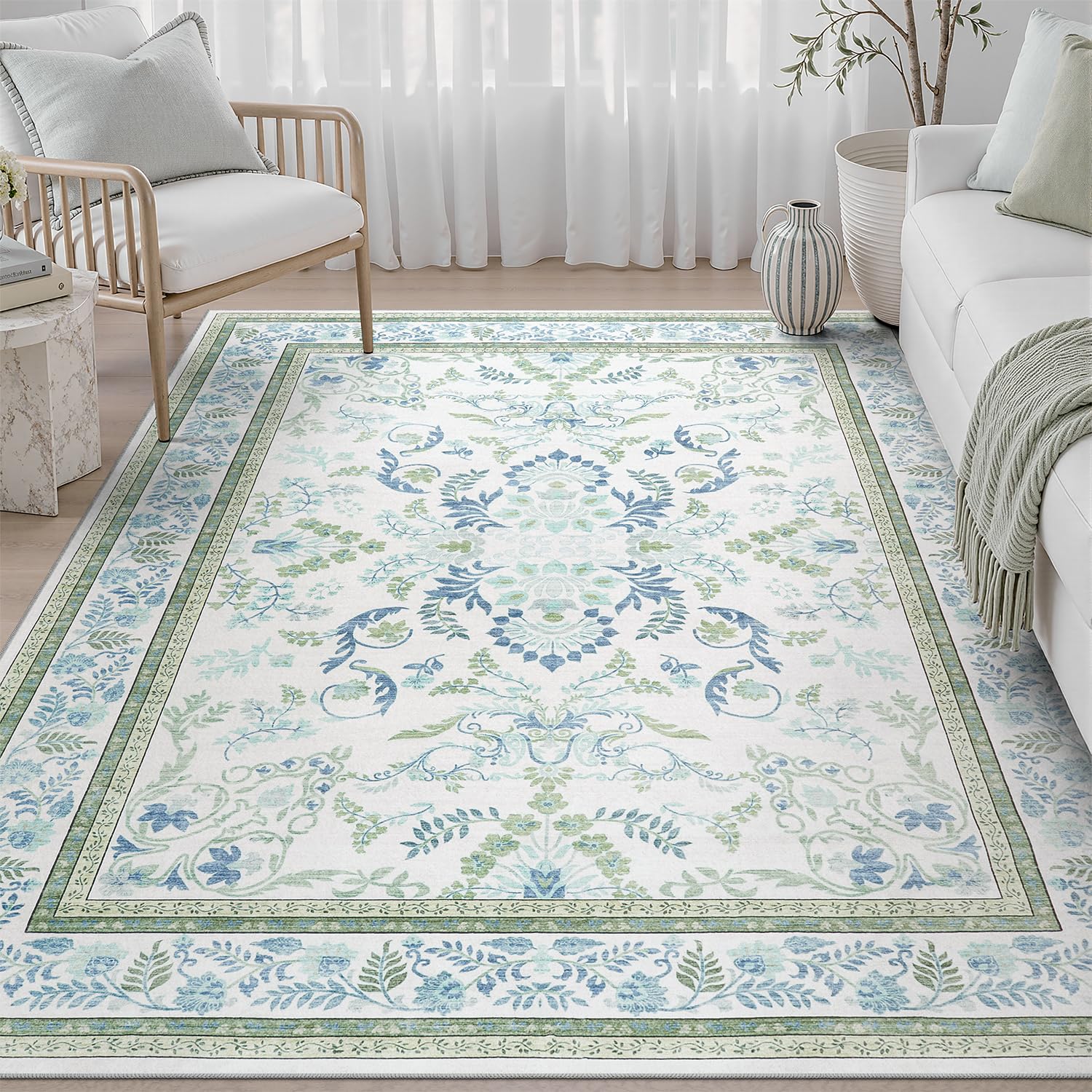 DCX Blue and Green Botanical Floral 4x6 Washable Rug
