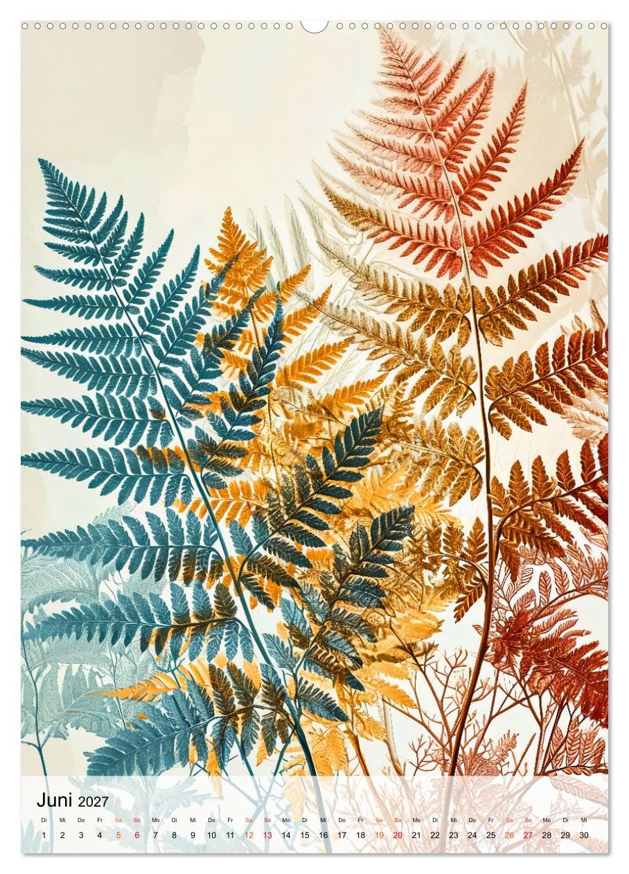 CALVENDO - Blätterwelten - Blattmotive in modernen Pasteltönen (hochwertiger Premium Wandkalender 2027 DIN A2 hoch), Kunstdruck in Hochglanz: Blattadern und Linien - Aquarellkunst von Farnkraut, Ahorn