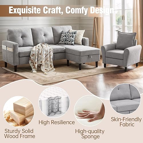 Miniatura 5 de Juego de sofá seccional de 2 piezas, juego de sofá y silla de 3 asientos con bolsillos laterales y otomana de almacenamiento móvil, moderno juego de