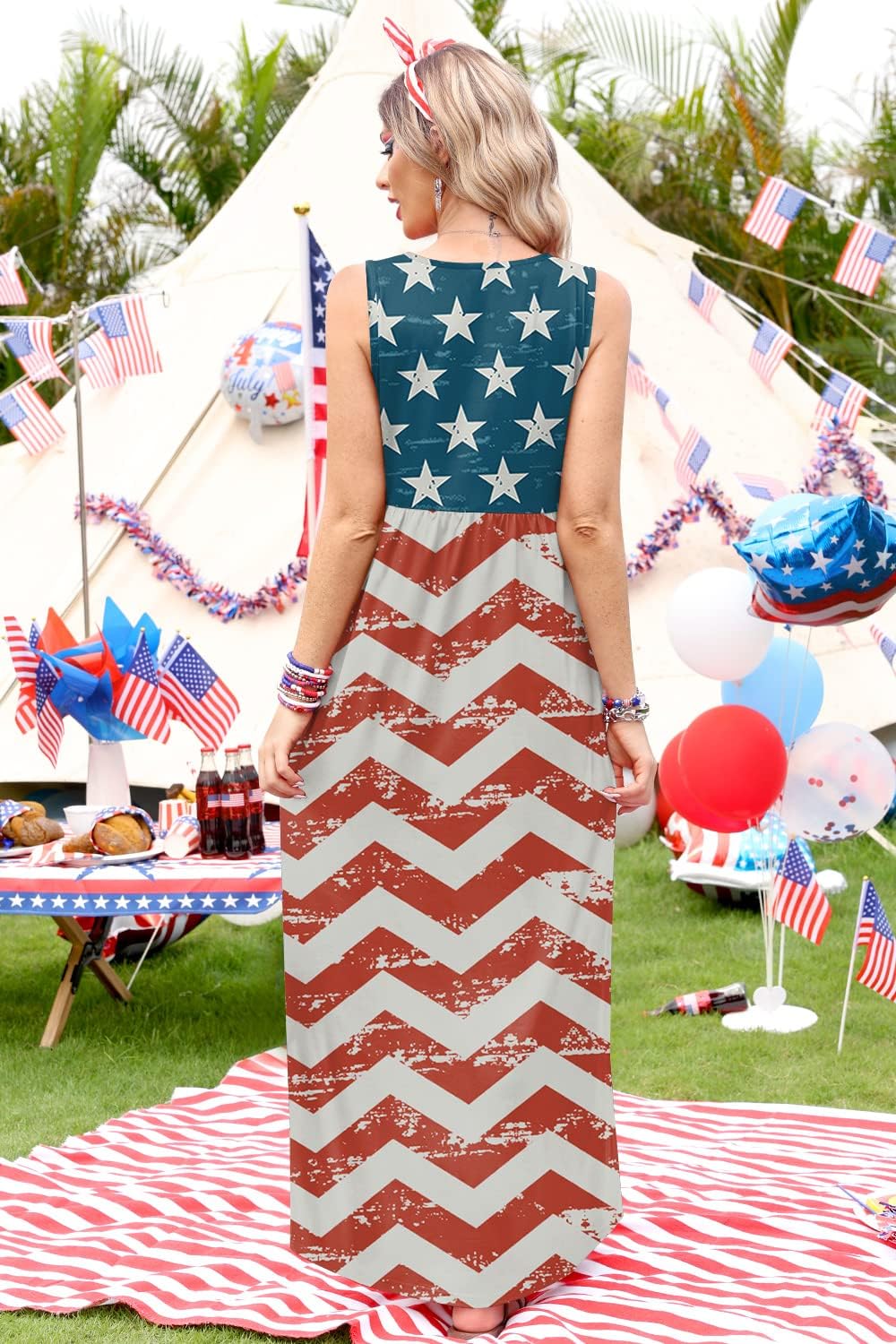 Womens 4th of July Stripe Star Sleeveless Dress Causal Loose Maxi Sundress with Pockets USA Patriotic M - Image 5