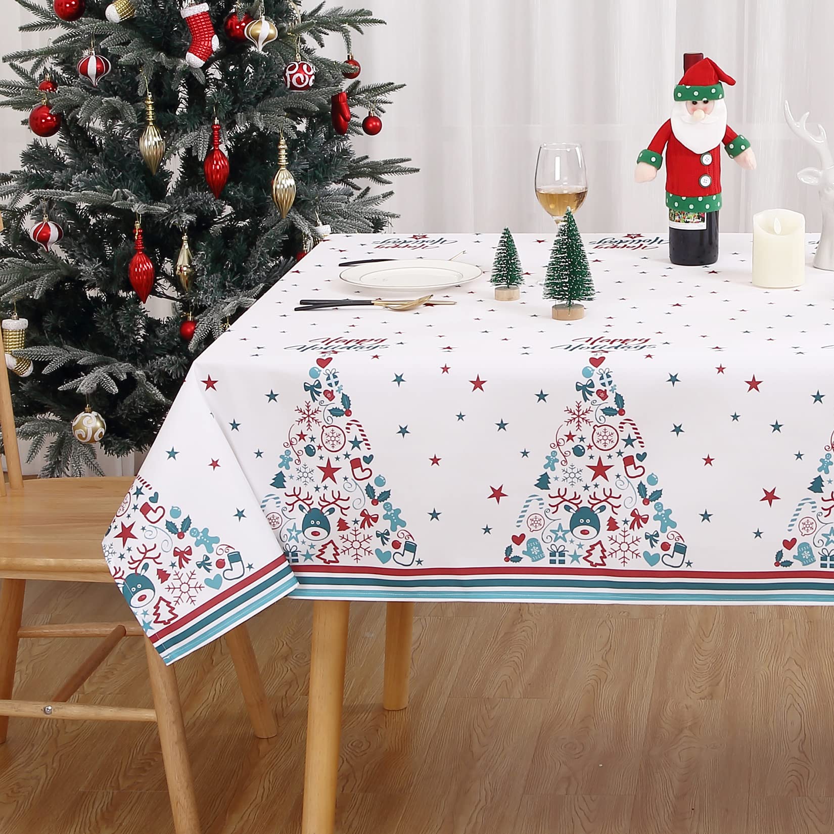 Mantel de Navidad mantel lavable para decoración de cocina mantel lavable con protección antimanchas mantel de fácil cuidado comedor mantel de decoración de Navidad, rectangular, blanco 137x179cm