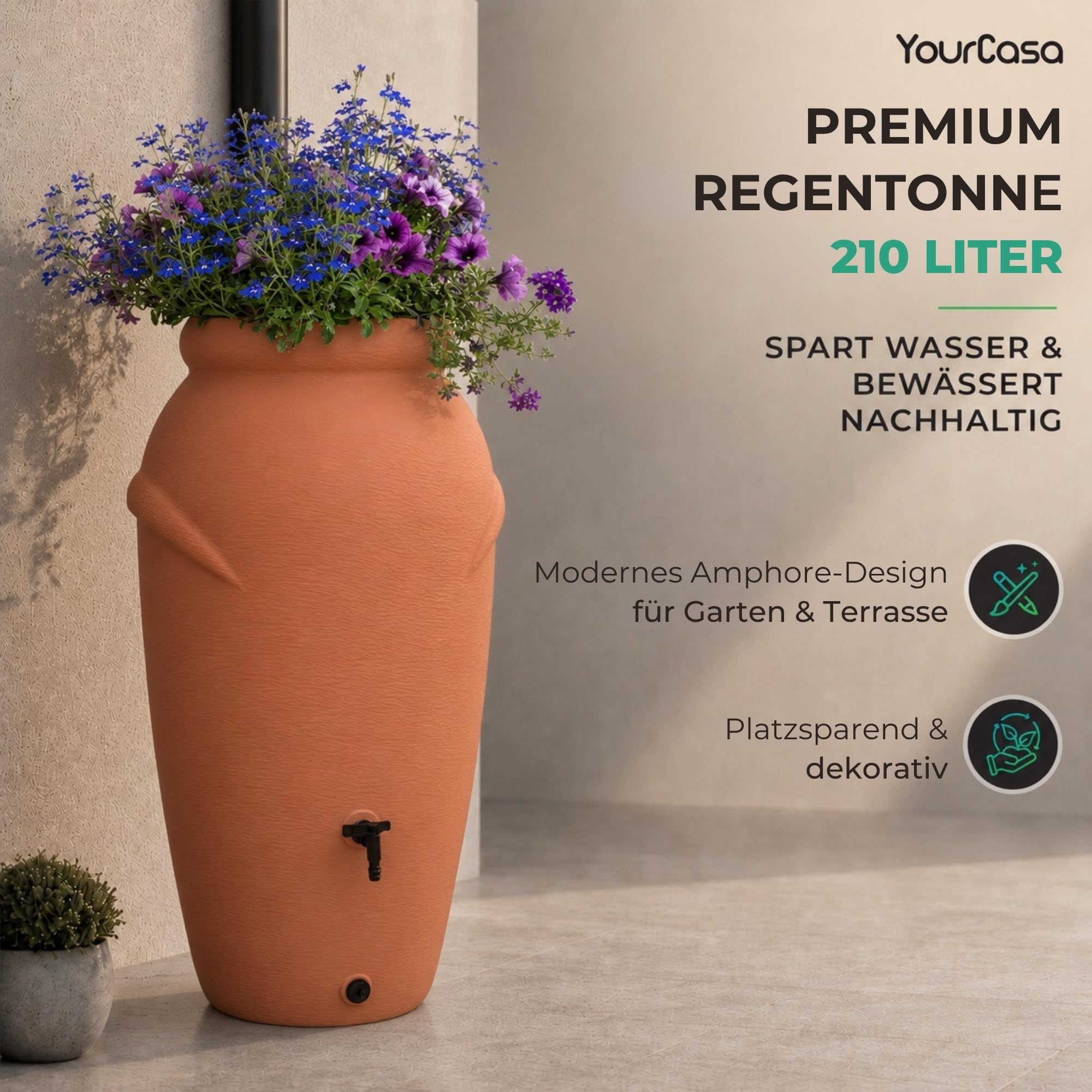 YourCasa Regentonne 210 Liter [Amphore Design] Regenfass Frostsicher aus Kunststoff - Regenwassertonne mit Wasserhahn - Regenwassertank Garten Regenwassersammler Wasserfass Wassertonne (Terracotta)