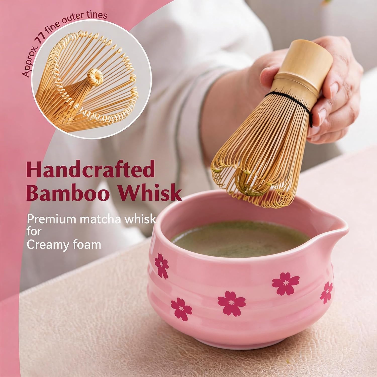 Pink Matcha Whisk Set with Matcha Bowl, 8Pcs Cute Matcha Set, Complete Matcha Making Kit Whisk Holder, Bamboo Scoop, Sifter, Towel Included Gift for Woman Matcha Lover (Pink Sakura)