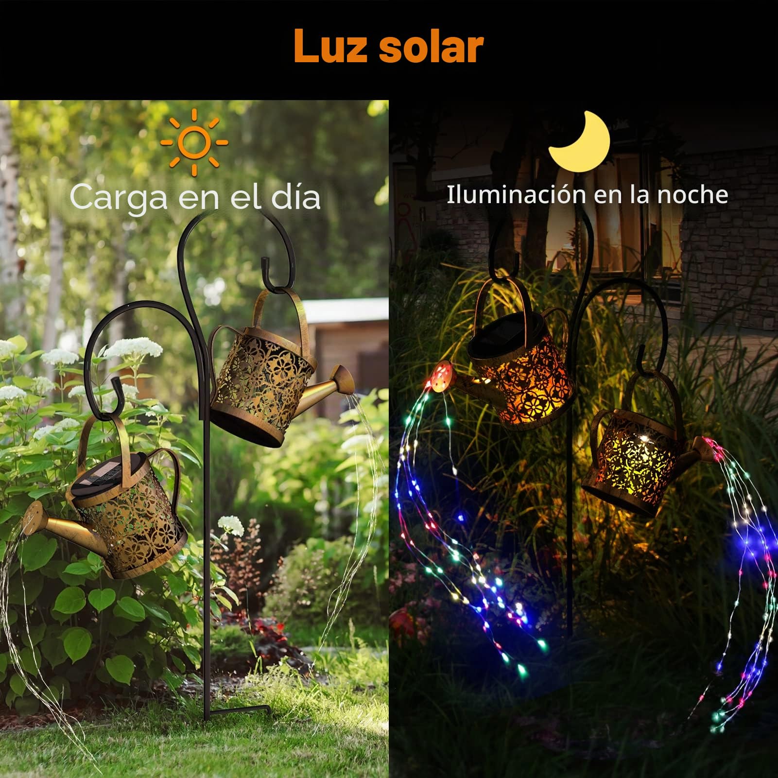 K KERNOWO Luz solar para regadera, paquete de 2 adornos de jardín, decoración al aire libre, regadera, luces solares IP65, impermeable, iluminación de camino de metal con cadena de luces y gancho de