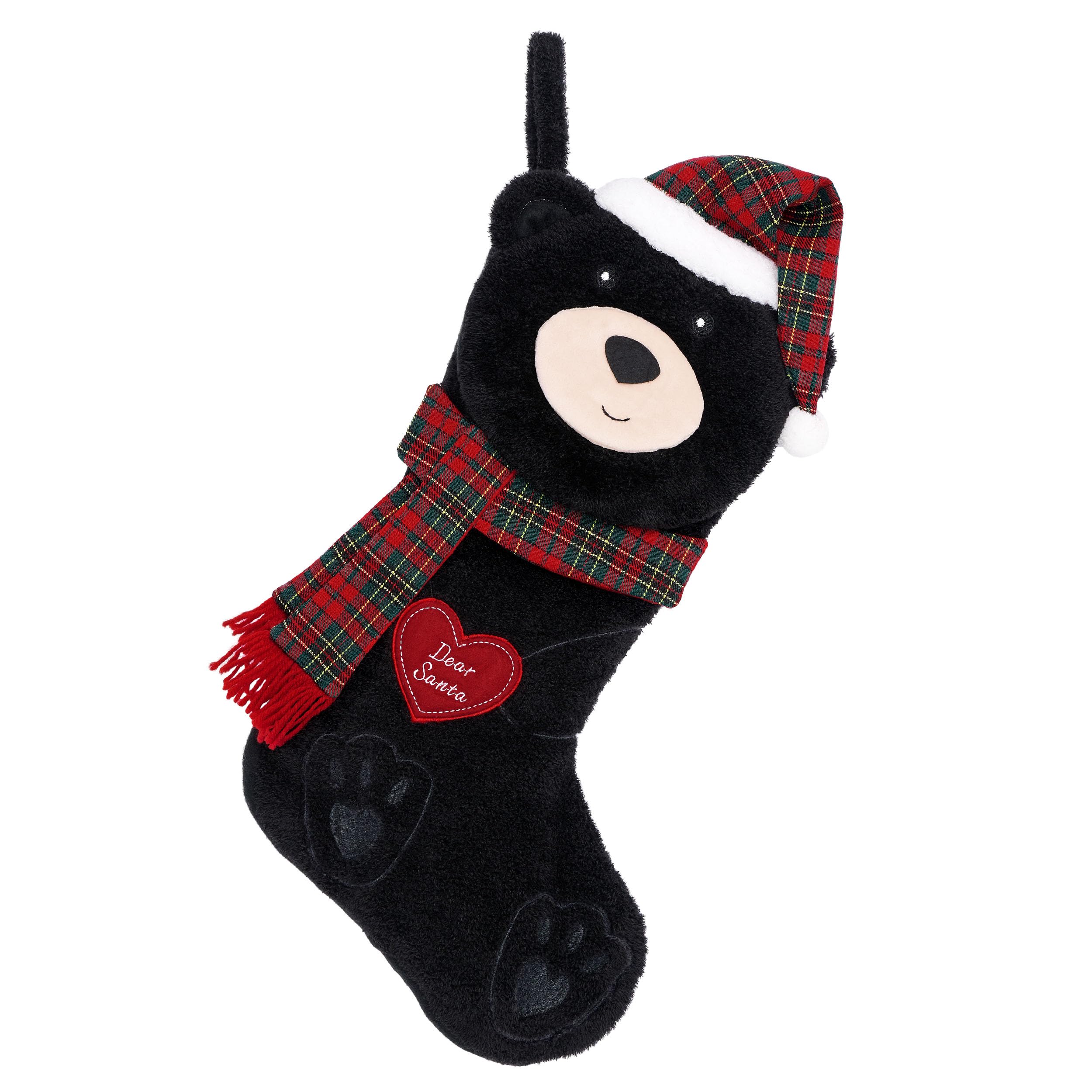 Valery Madelyn Christmas Stockings Decorations, 21 Inch Fabric Red Black Bear Hugging A Heart Cute Plush Personalized Fireplace Hanging Ornament for Holiday Xmas Party Decor