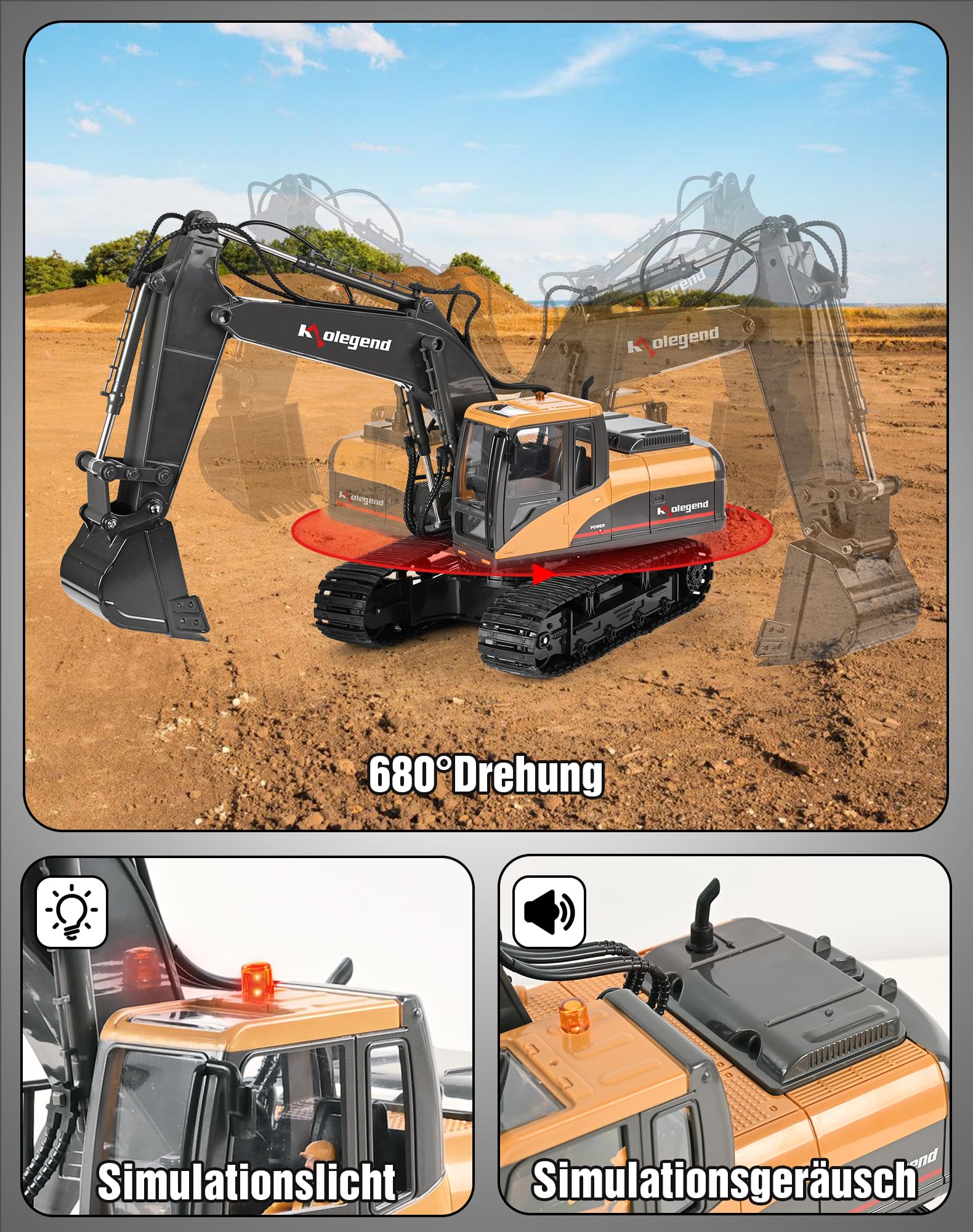 kolegend 3-in-1 Fernbedienungs-Bagger Spielzeug 1/14 Ma?stab RC-Bagger 15-Kanal-Upgrade voll funktionsf hige Baufahrzeuge mit Werkzeug Metallbrecher und elektrischem Greifer