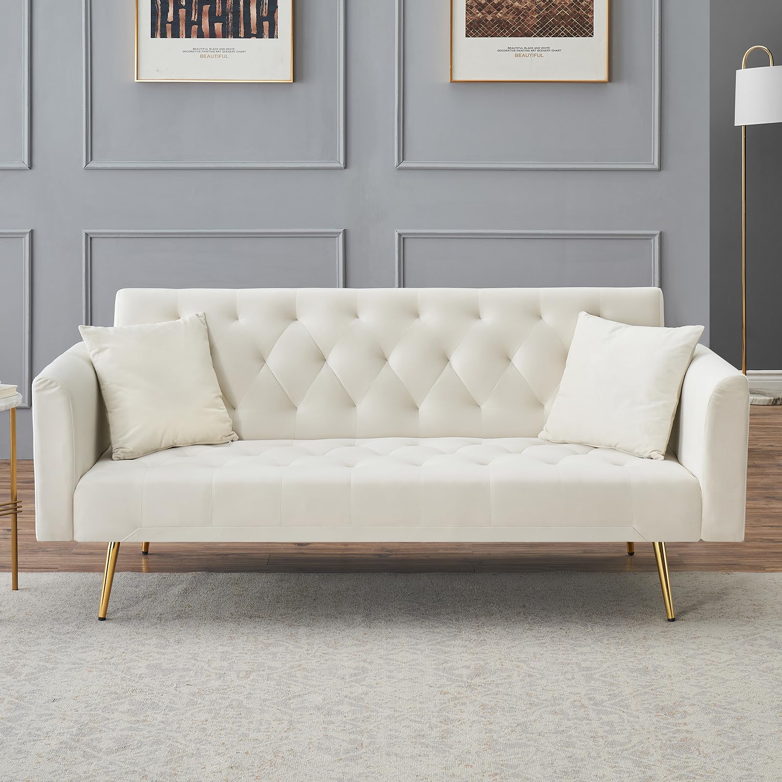 71" Modern Velvet Sofa Bed Futon, Convertible Sleeper Couch with Adjustable Backrest, Tufted Recliner Loveseat with Golden Chrome Legs & 2 Pillows for